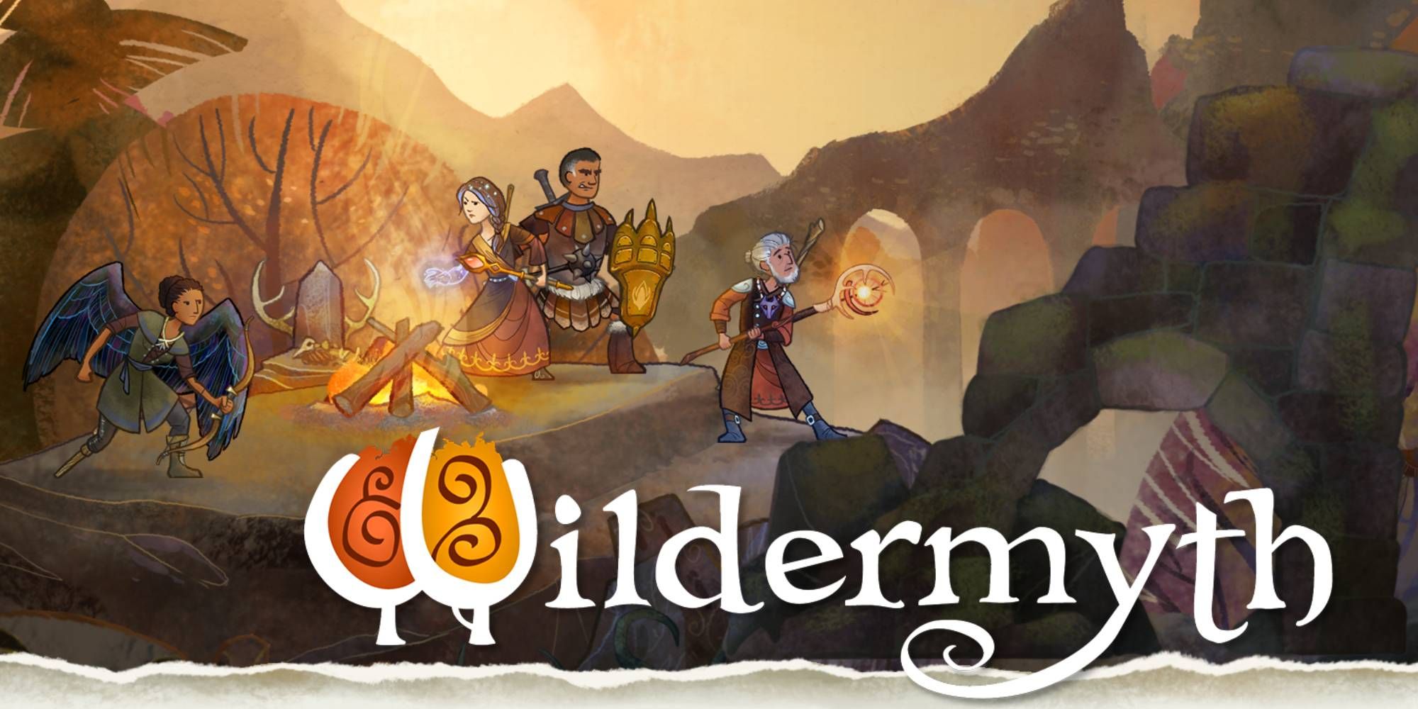 Image showing the game title Wildermyth with assorted heroes in the background