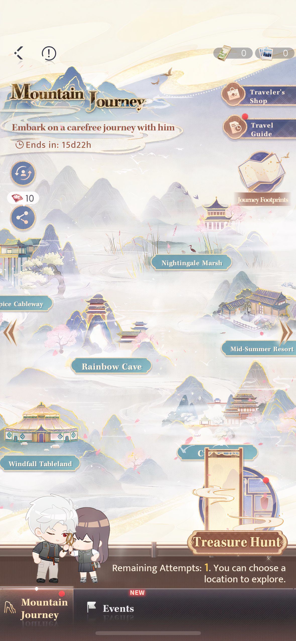 Love And Deepspace: An image of the map quest screen for Mountain Journey.