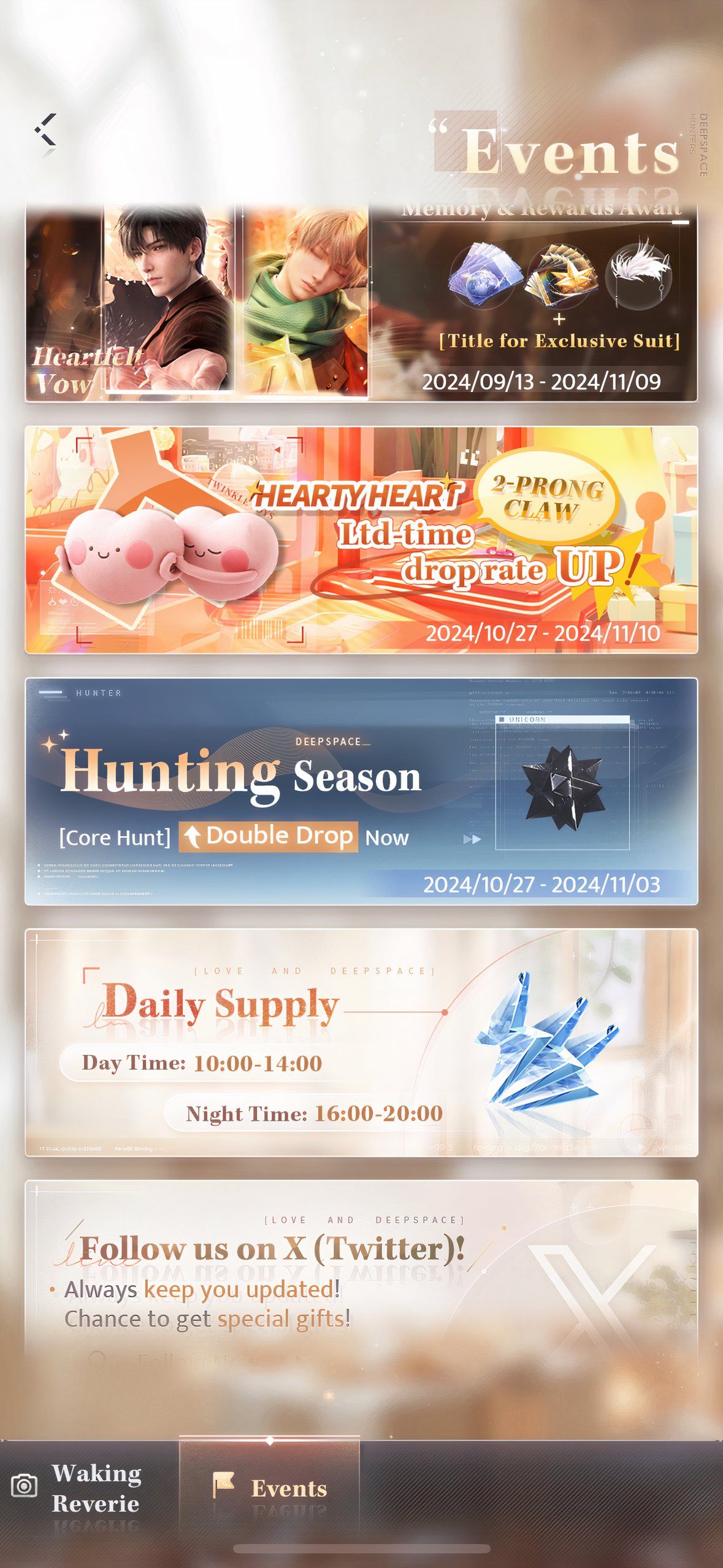 Love And Deepspace: An image of the Hunting Season Drop Boost event in the event menu.