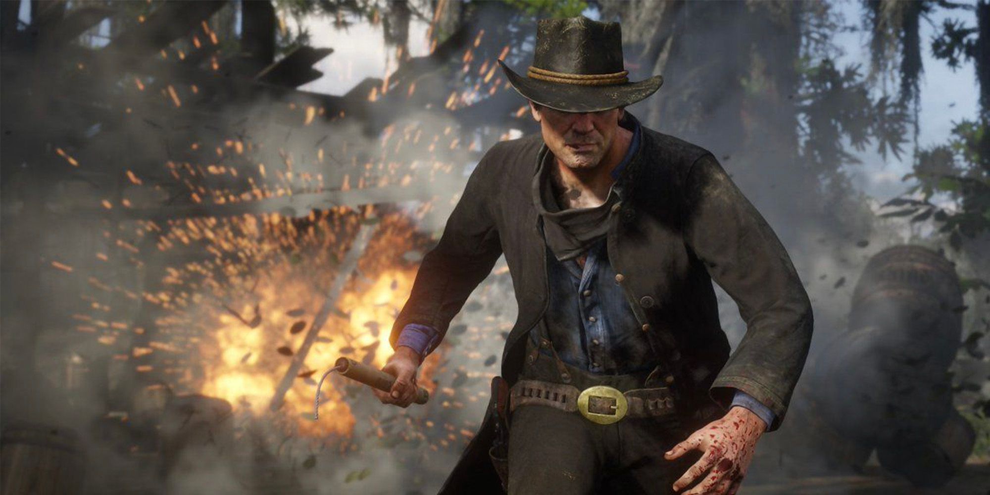 Arthur Morgan running from an explosion, while carrying a stick of dynamite.