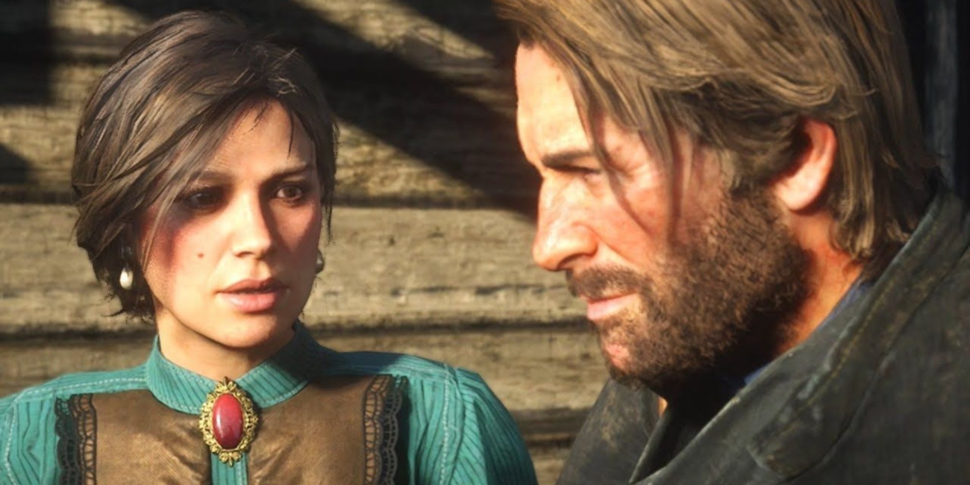 Red Dead Redemption 2 Mary Linton with Arthur Morgan in bright sunlight.