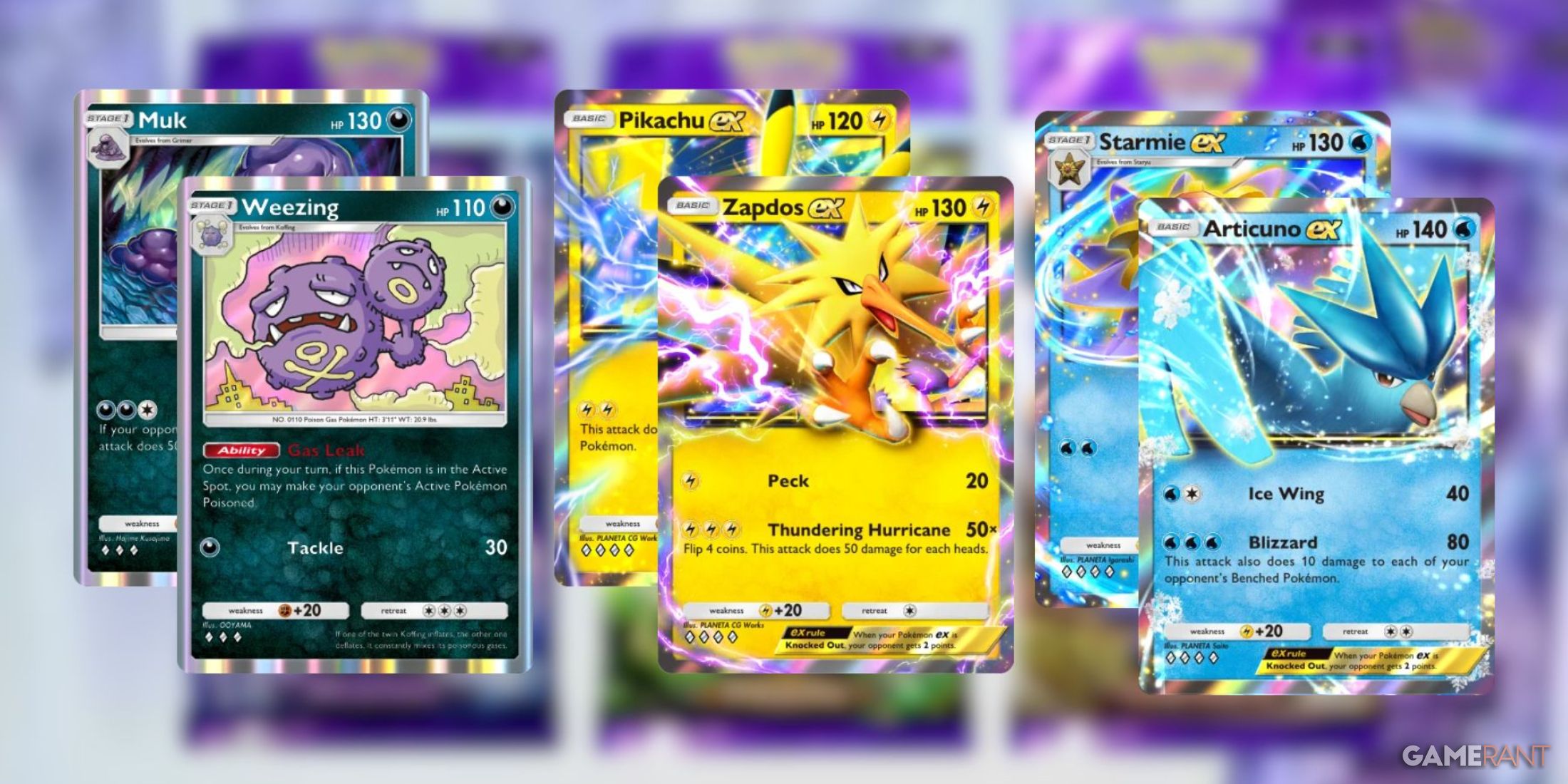 Muk and Weezing, Pikachu ex and Zapdos ex and Starmie ex and Articuno ex in Pokémon TCG Pocket