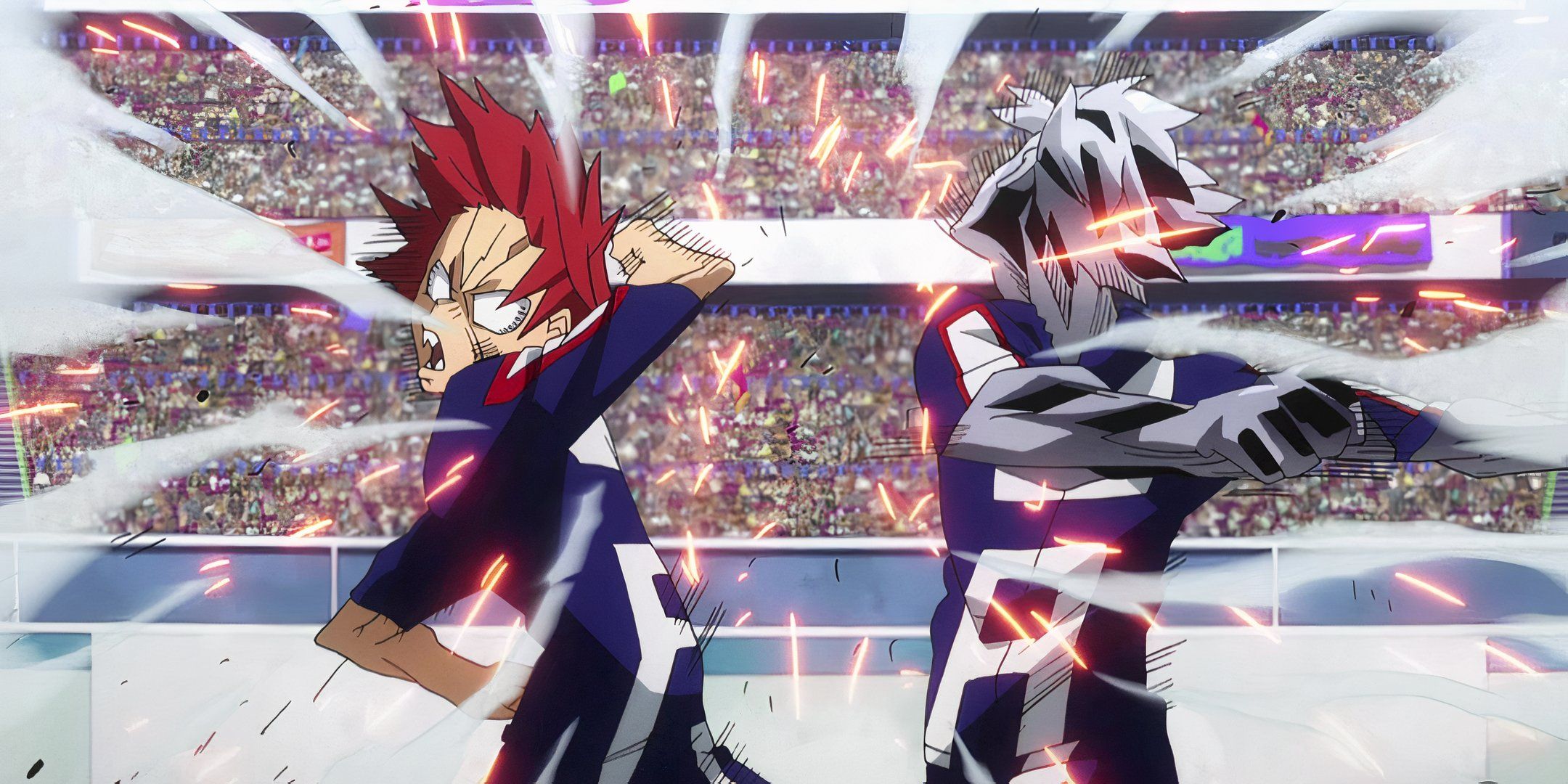 Kirishima and Tetsutetsu punch each other at the same time. 