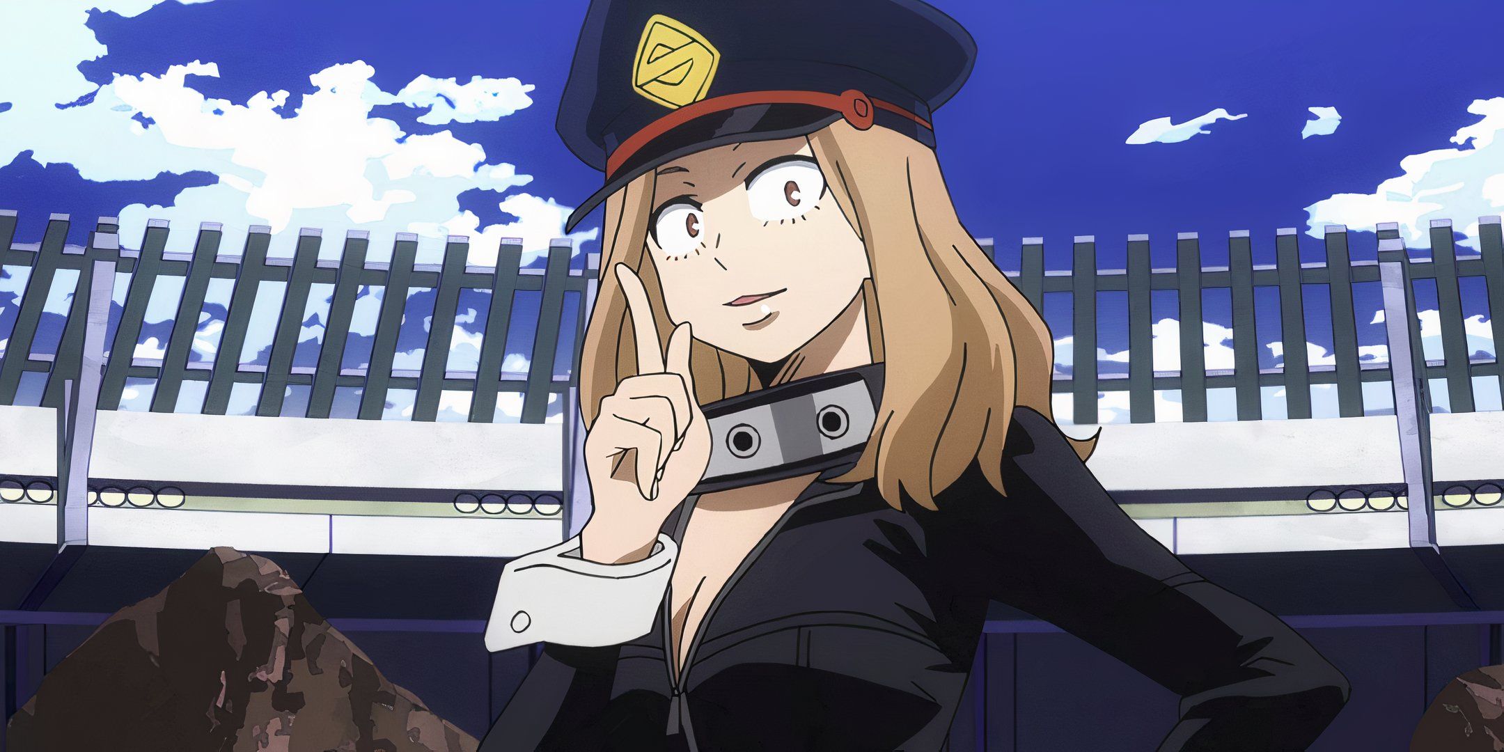 Camie Utsushimi in her hero uniform wearing a Shiketsu hat