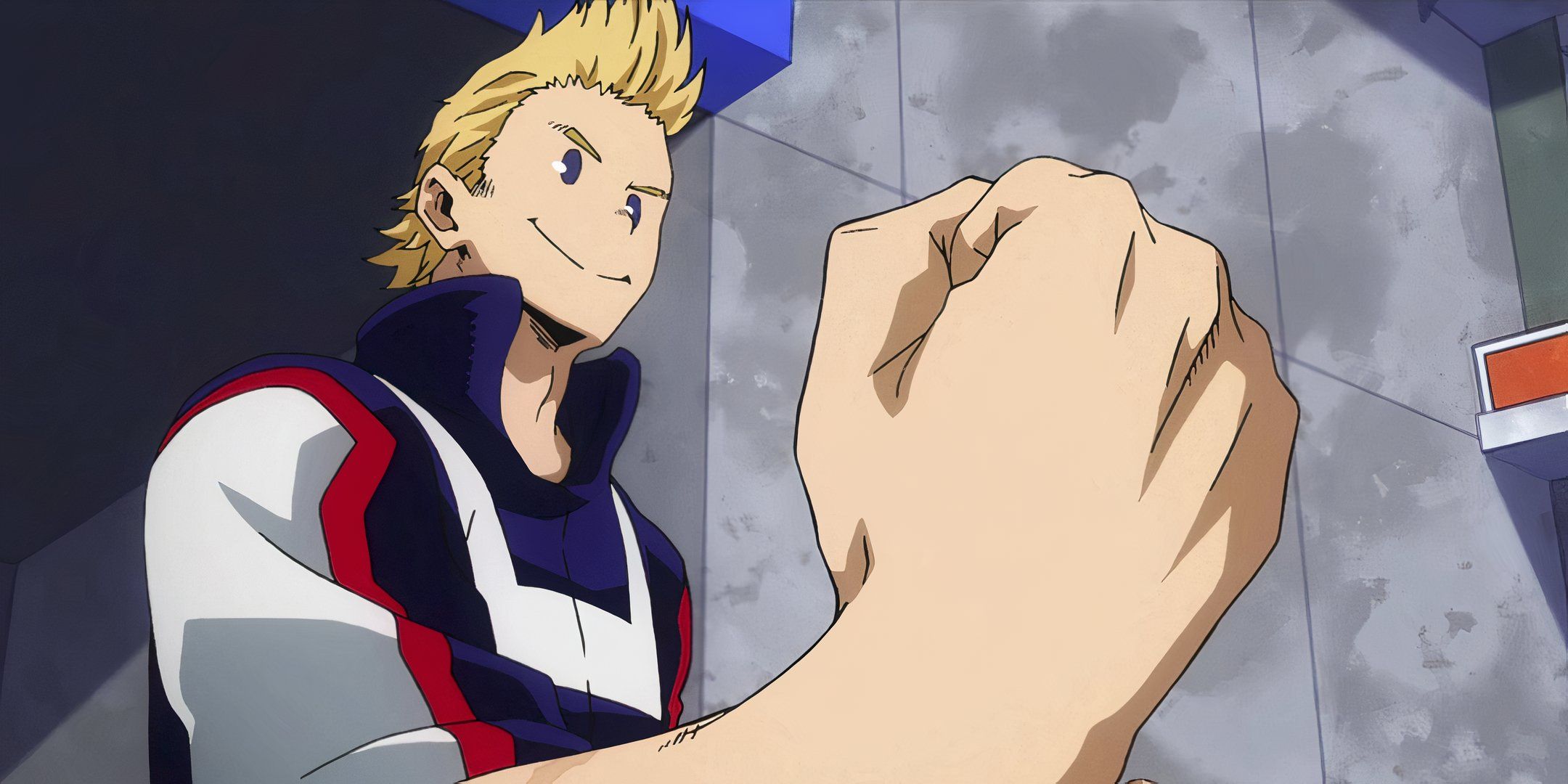 Mirio Togata in a UA tracksuit, holding out his fist.