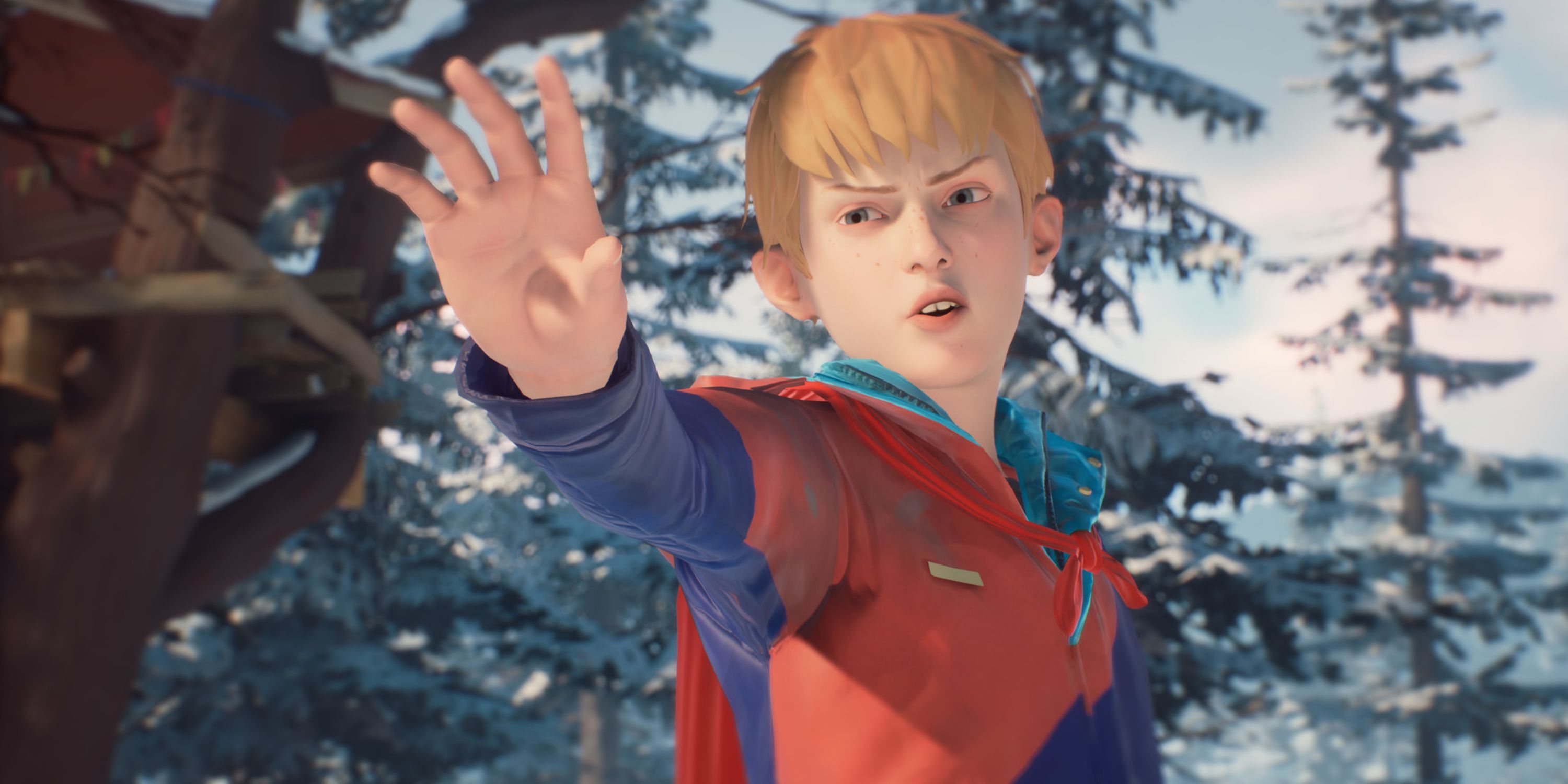 Captain Spirit holds his hand out while standing outside.