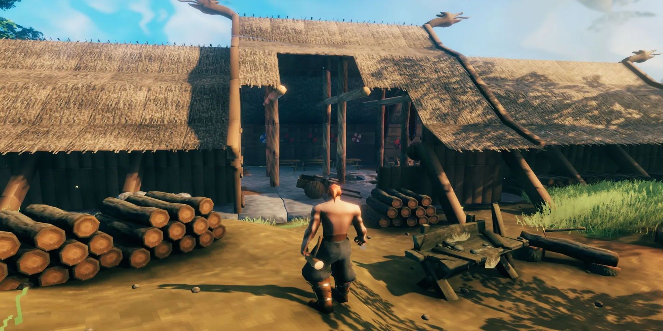 Valheim players walks towards wooden logs and a shelter