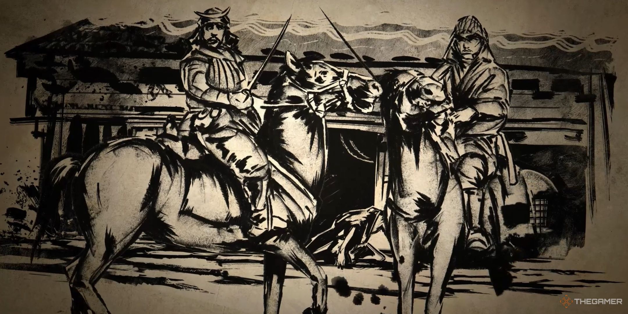 an ink painting of two mounted, armored samurai in the opening sequence of sengoku dynasty