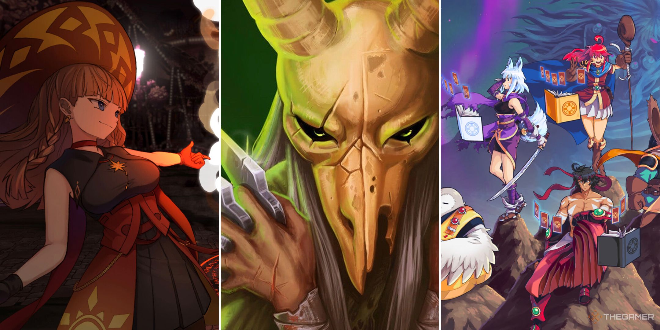 A split image featuring characters from Chrono Ark, Slay the Spire, and Dungeon Drafters.