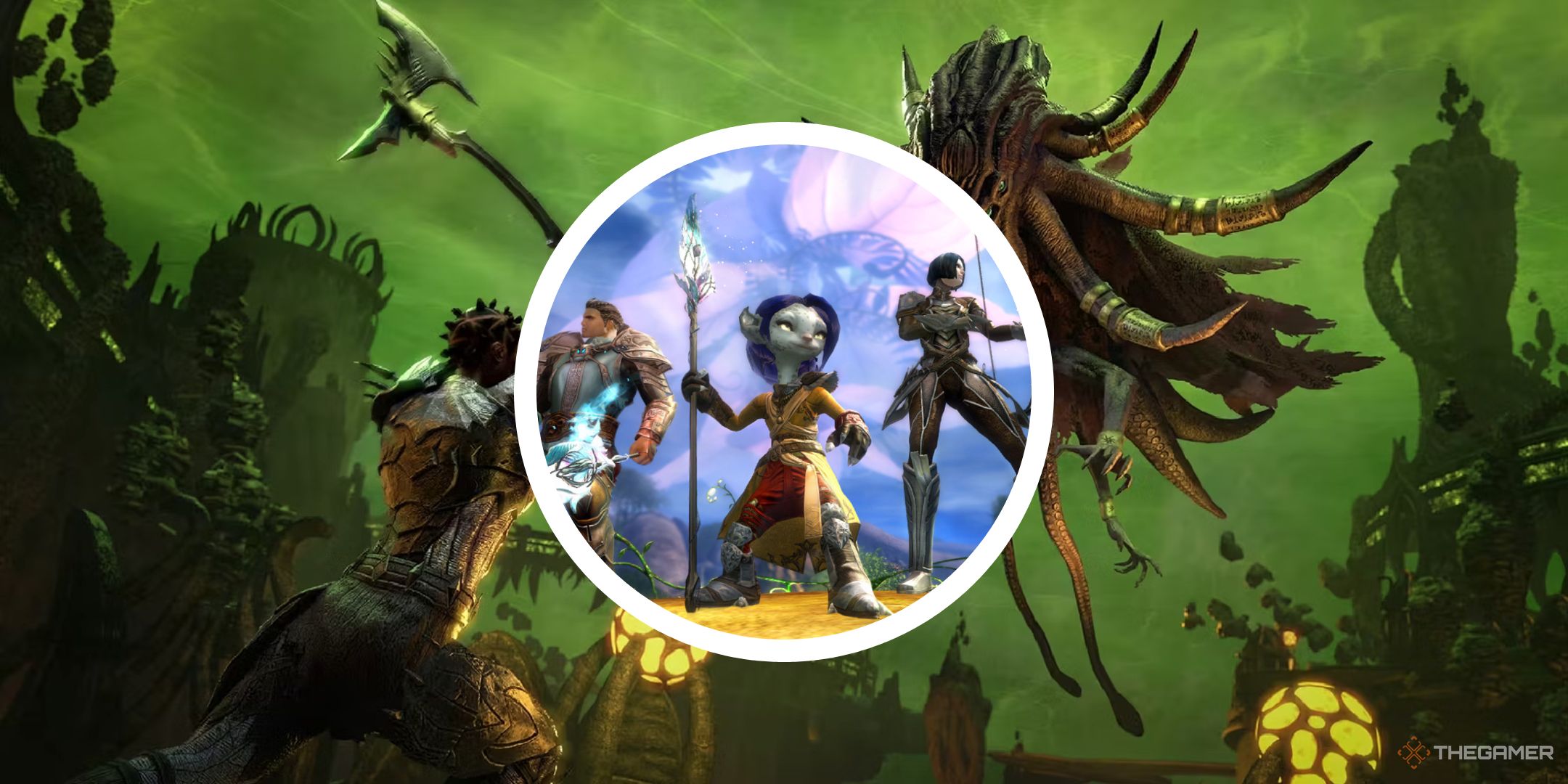 elder scrolls online promotional image with circle png of guild wars 2 characters