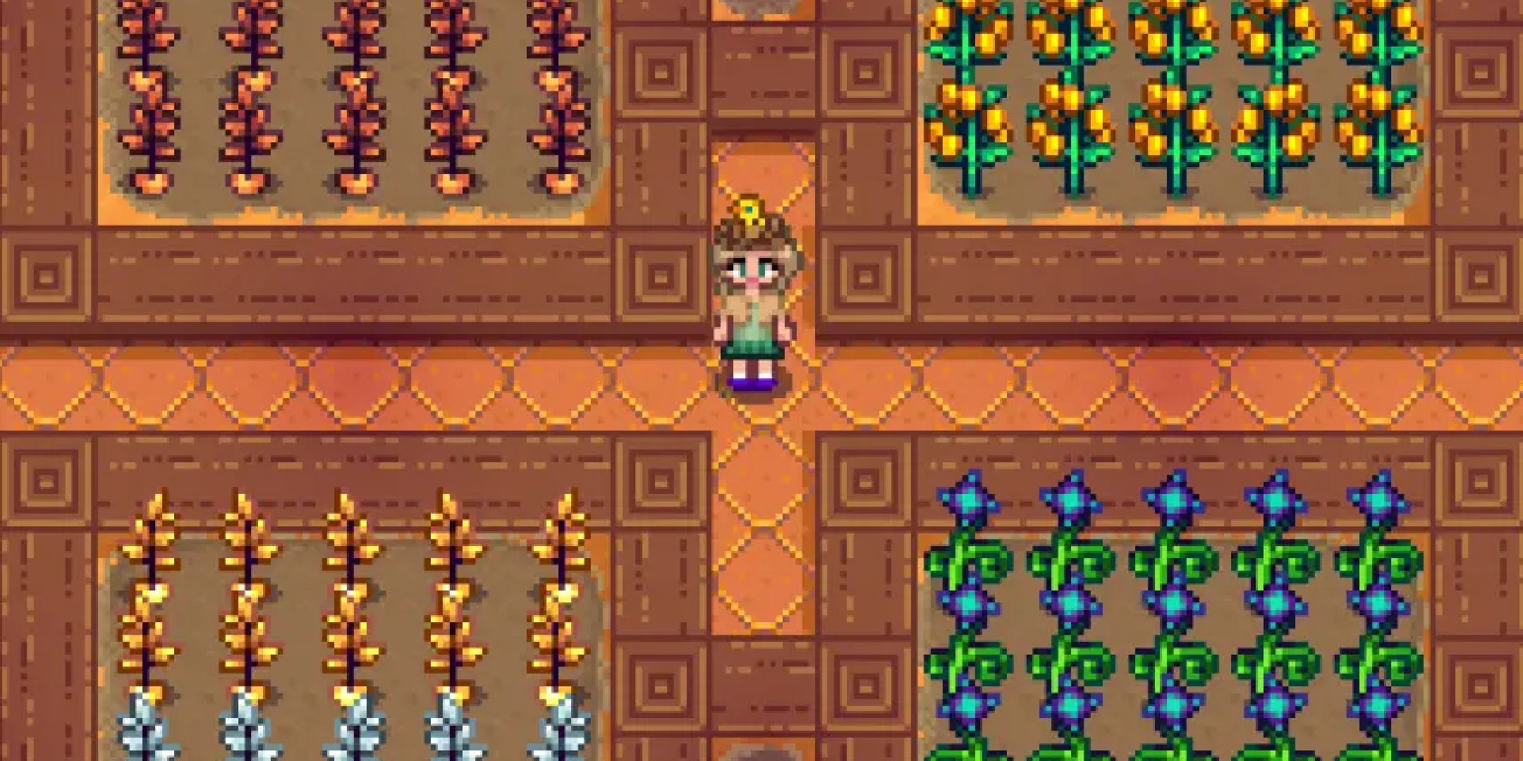 A player standing among crops with the Fantasy Crops mod in Stardew Valley.