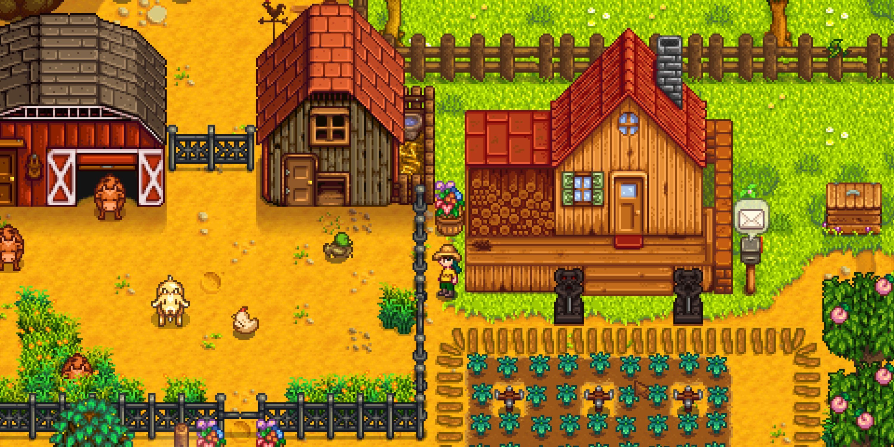 A player standing near their coop and barn in Stardew Valley. 