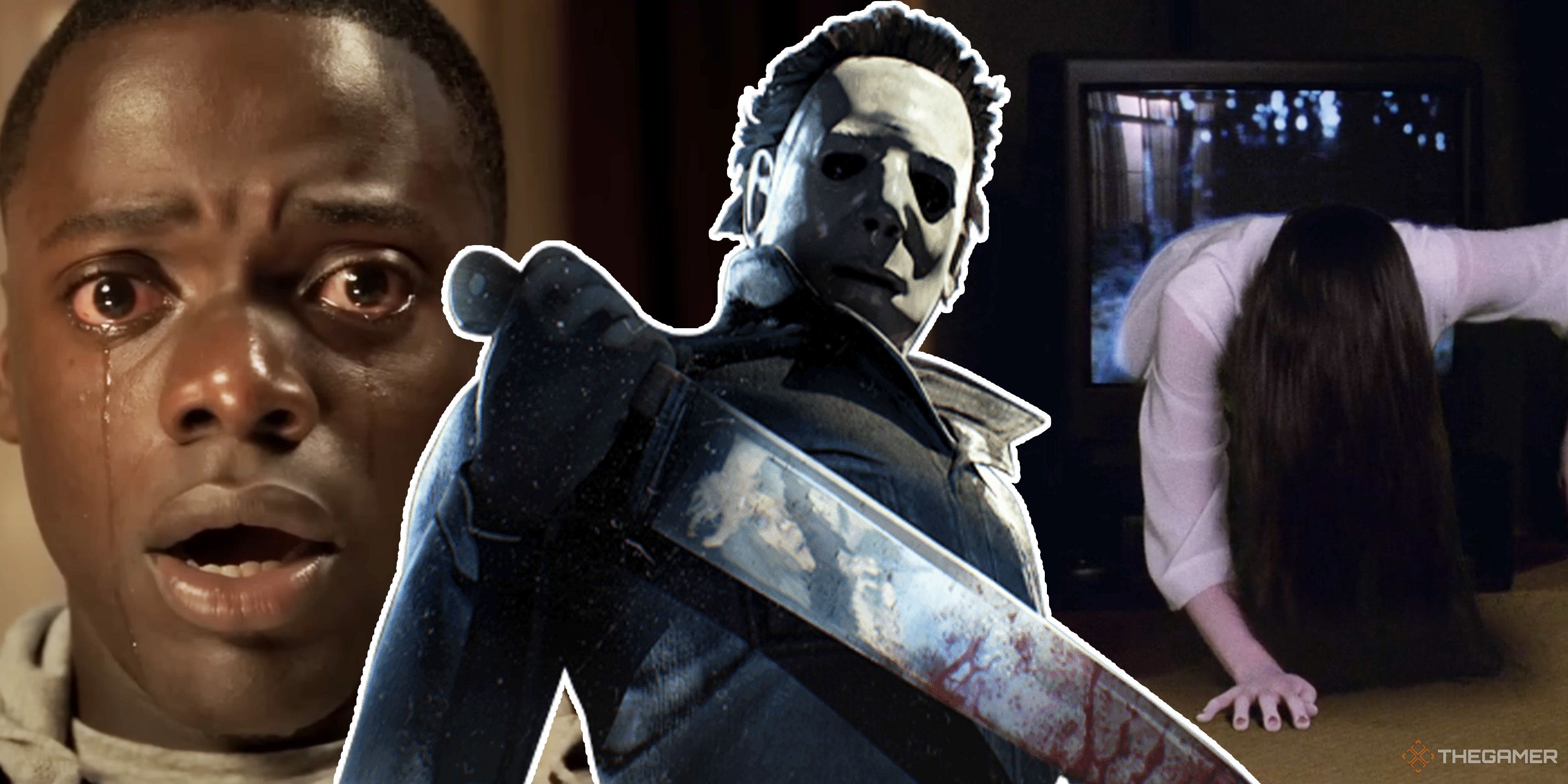 A split image of Chris Washington from Get Out, Michael Myers from Halloween, and Sadako Yamamura from Ring.