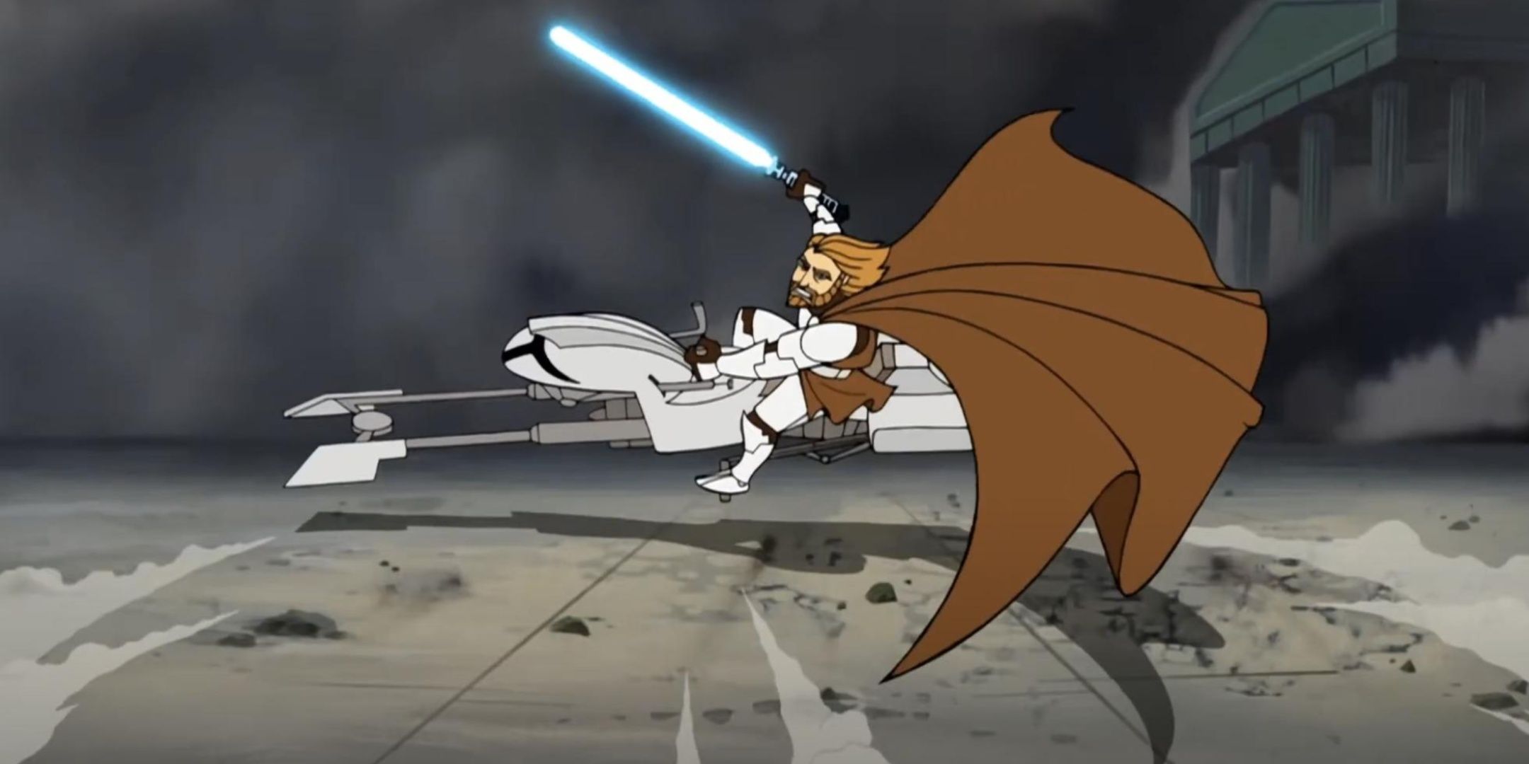 Obi Wan does an Akira Slide on a speeder while holding  lightsaber in The Clone Wars.