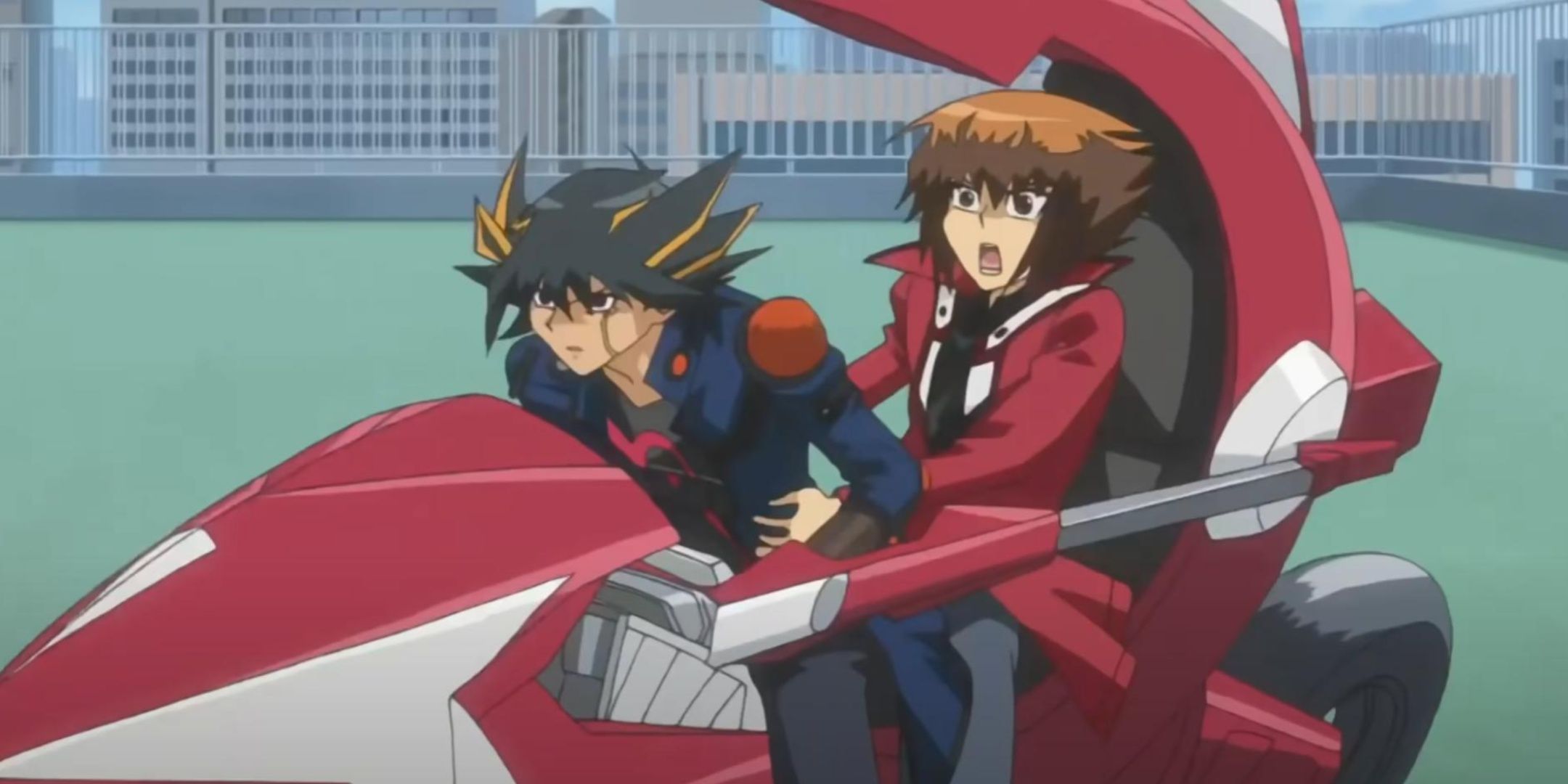 Jaden and Yusei arrive in the past via Akira Slide in Yu-Gi-Oh! Bonds Beyond Time.