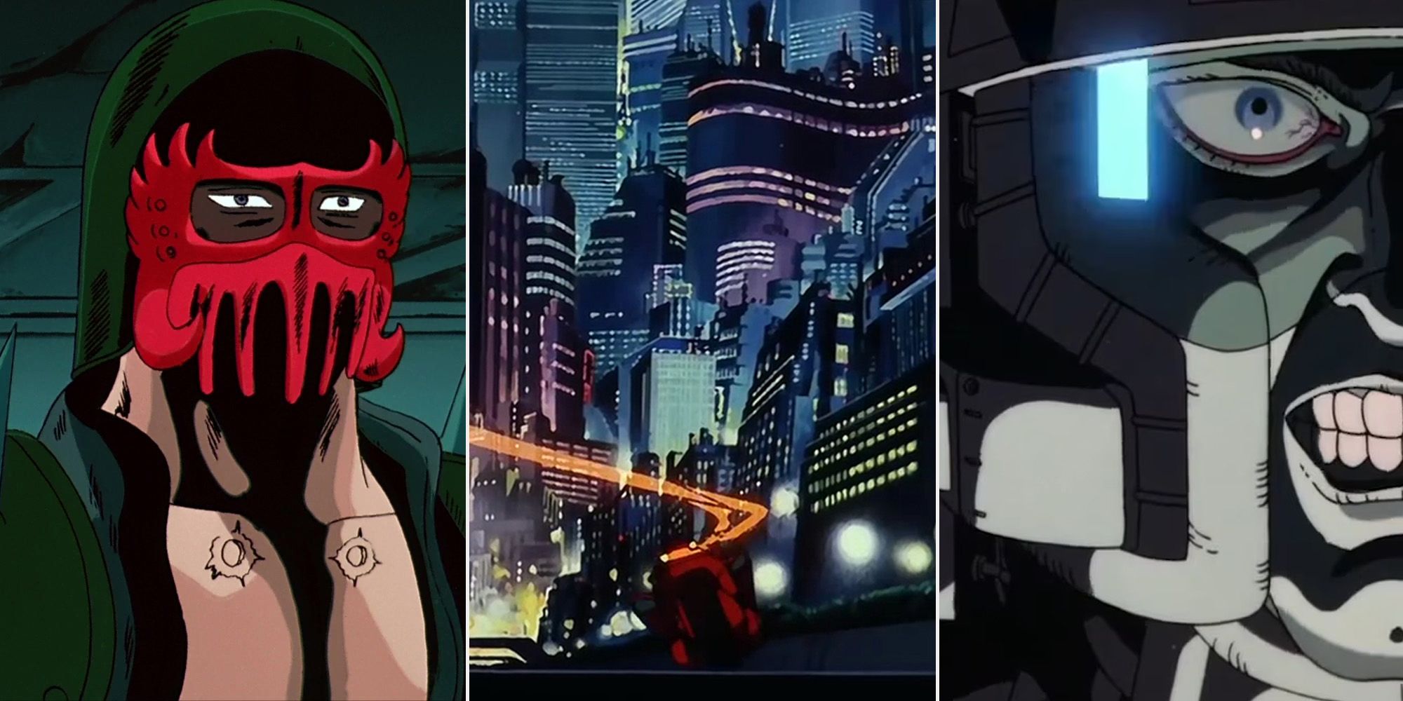 Screenshots from 1980s anime. From left to right: Fist of the North Star, Akira, and the 