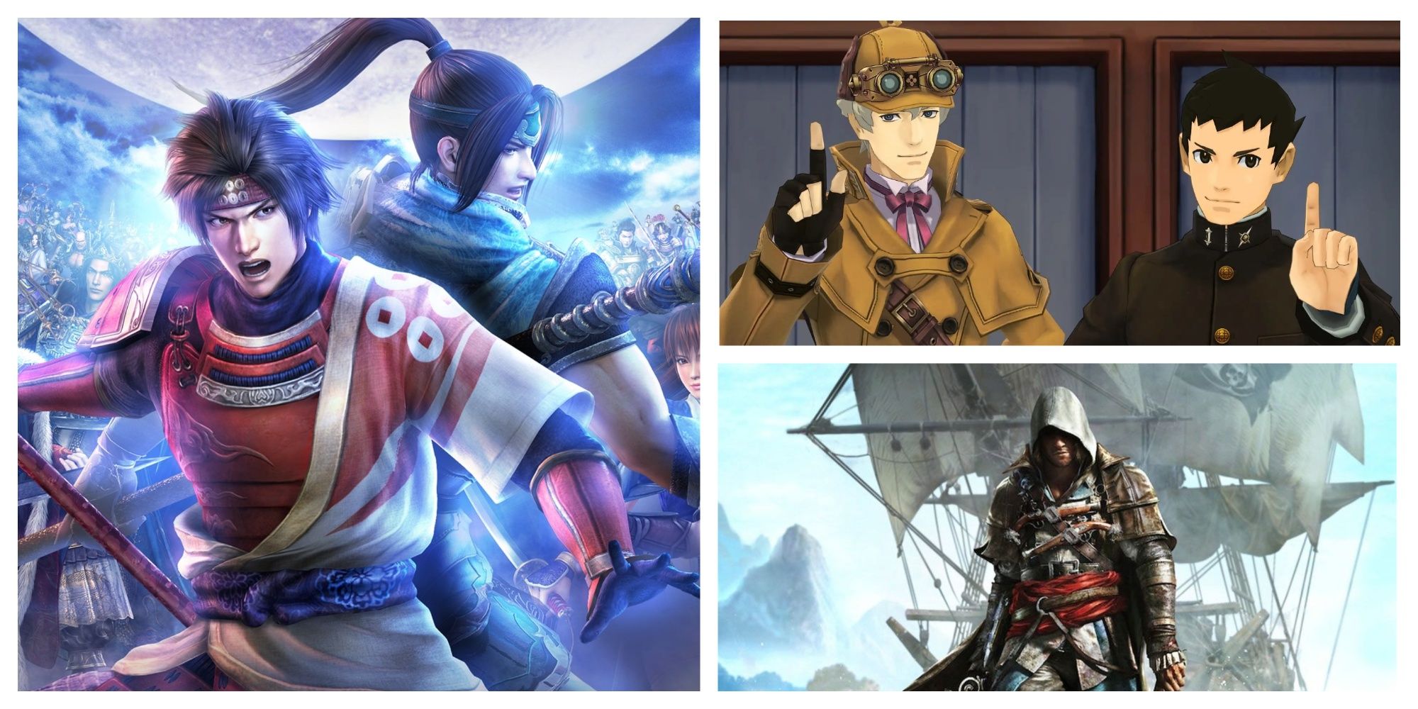 Games that mix history with fiction or fiction from historical periods; Warriors Orochi 3, The Great Ace Attorney, and Assassin's Creed: Black Flag