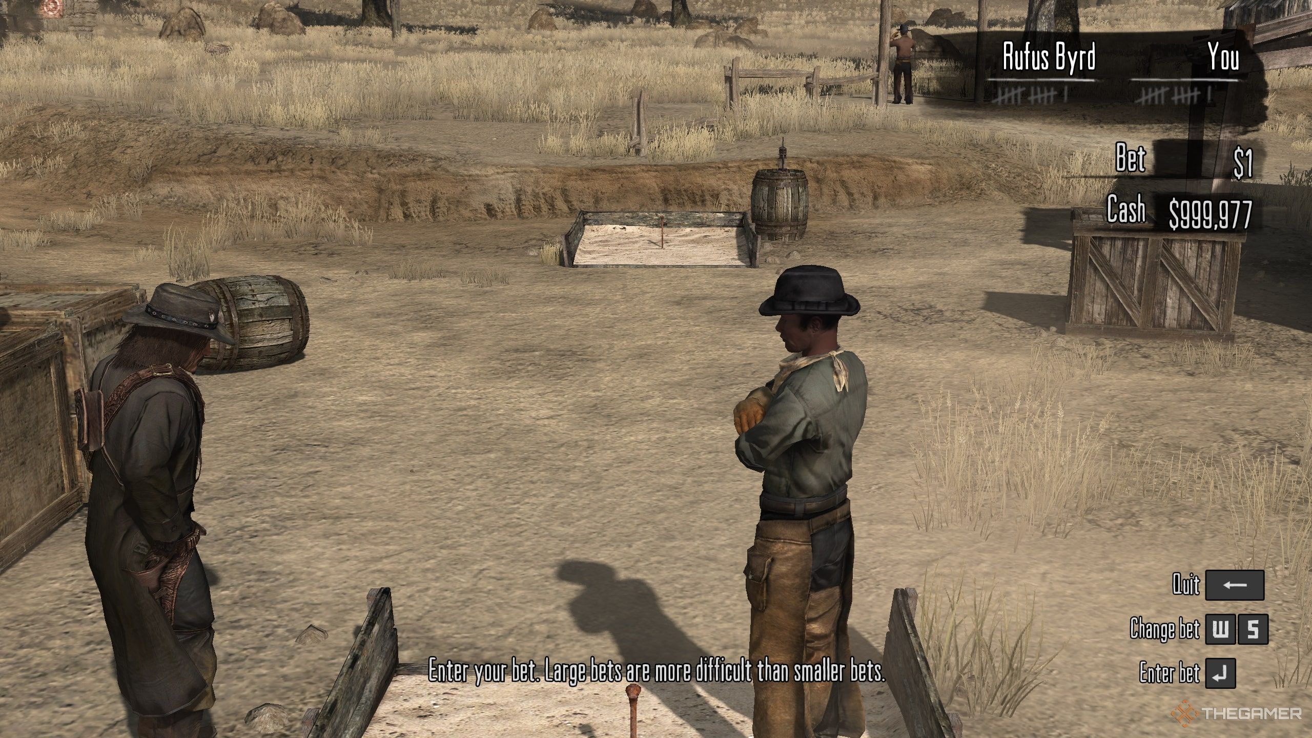 Jack Marston playing the Horseshoes mini game where he has to through horseshoes accurately in Red Dead Redemption. 