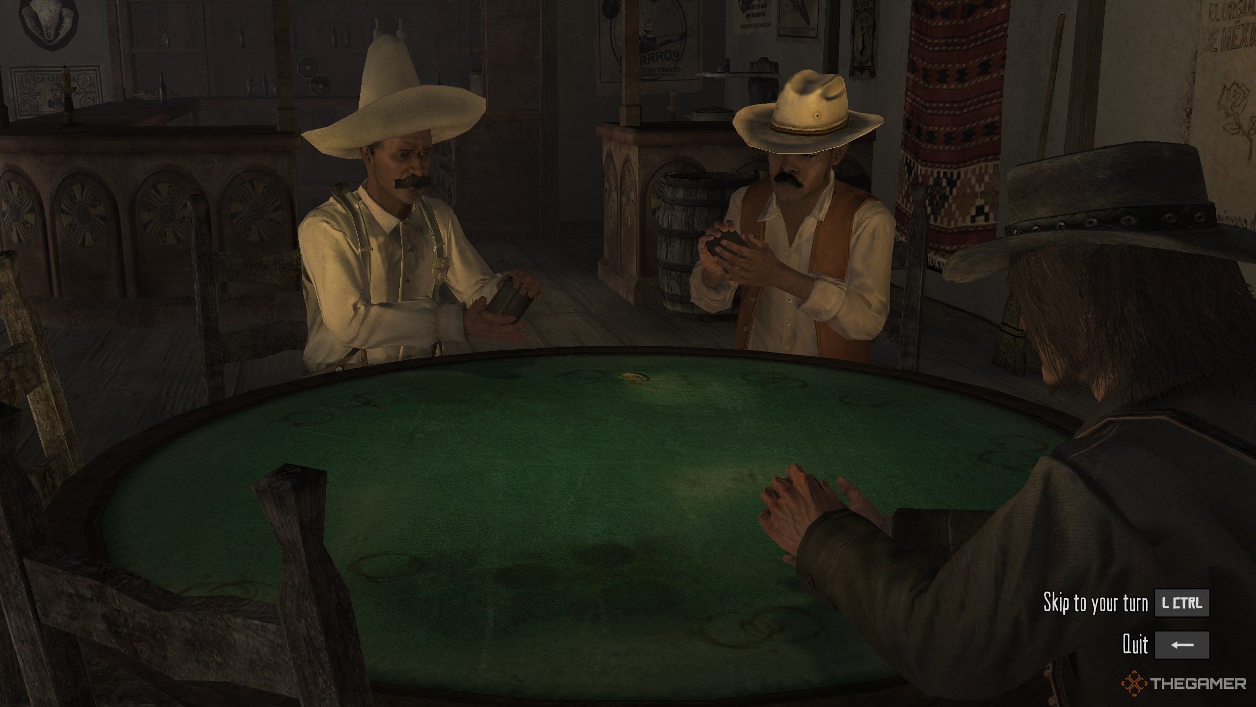 Jack Marston betting on Liar's Dice with two random NPCs in Red Dead Redemption.