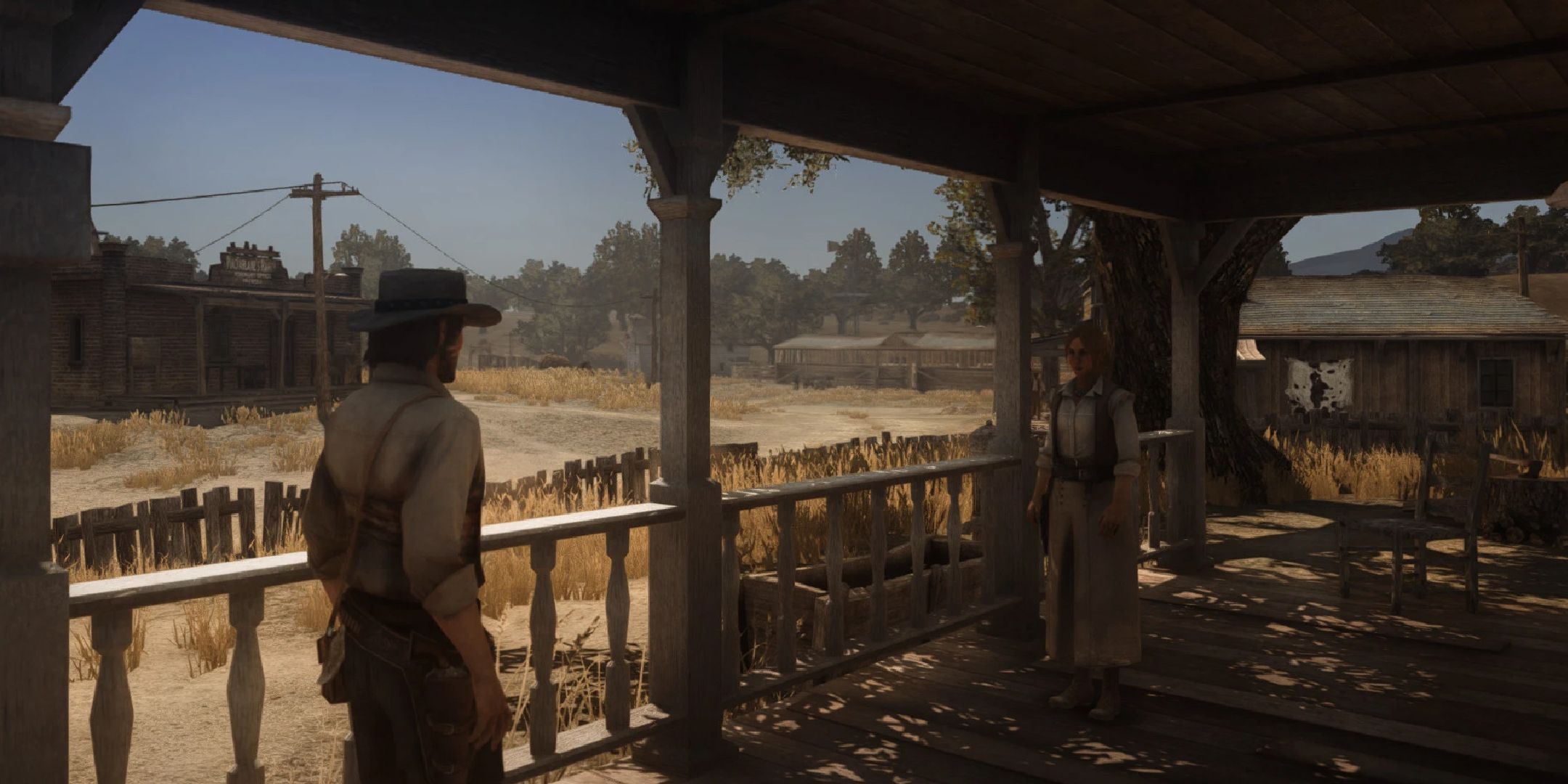 modded Red Dead Redemption screenshot showing Marston on a porch looking at a woman