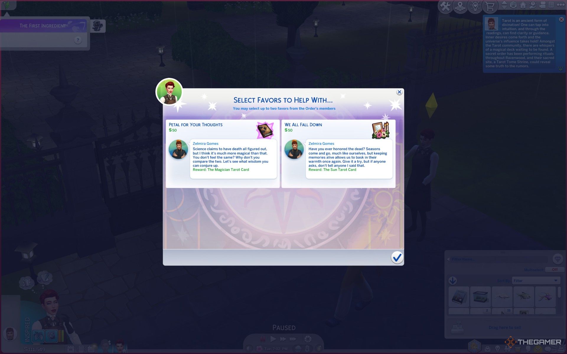 Choosing a favor to do for the Order of Lenore in The Sims 4 Life and Death to earn a tarot card.