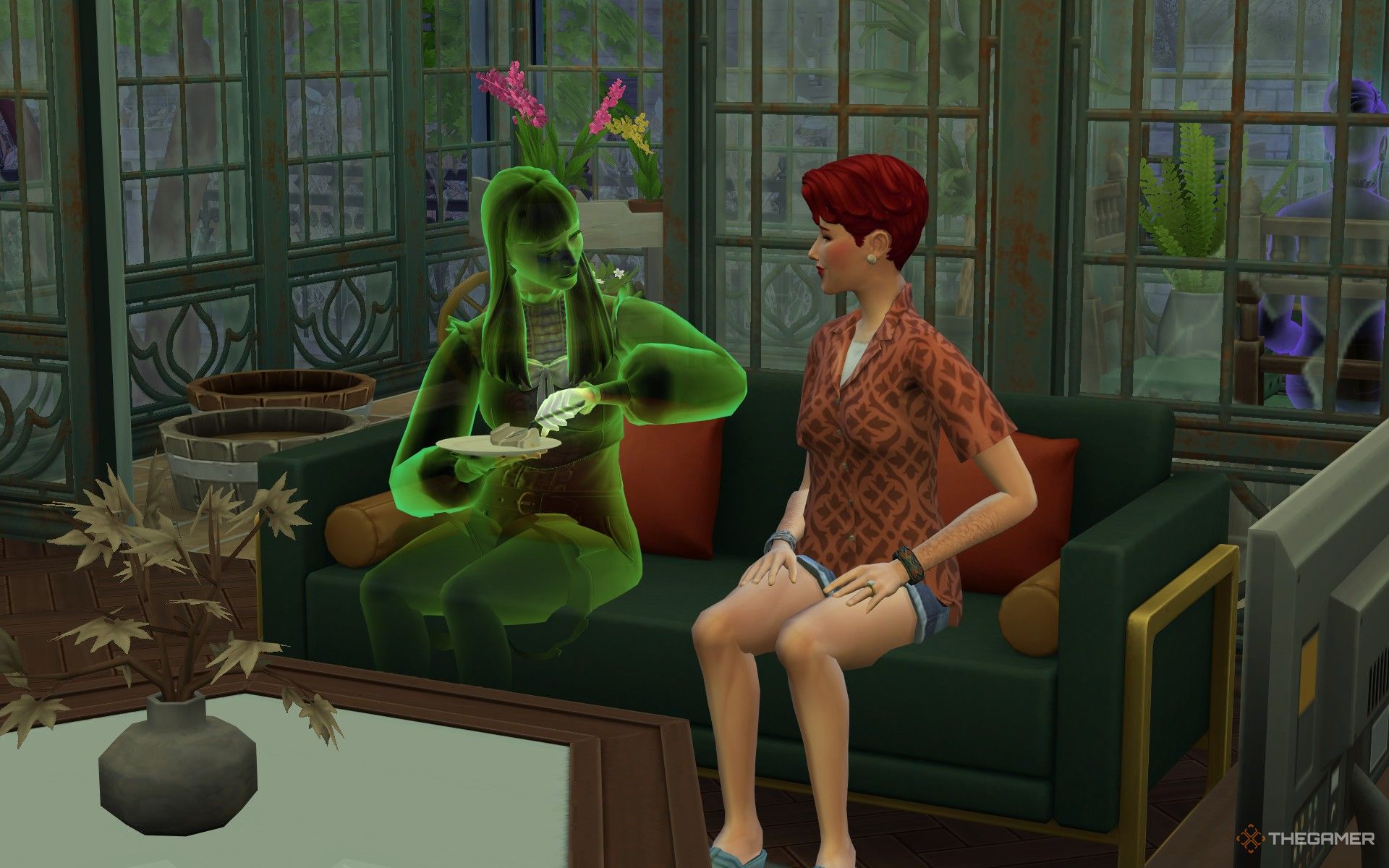 A Sim giving Esther cake in The Sims 4 Life and Death.