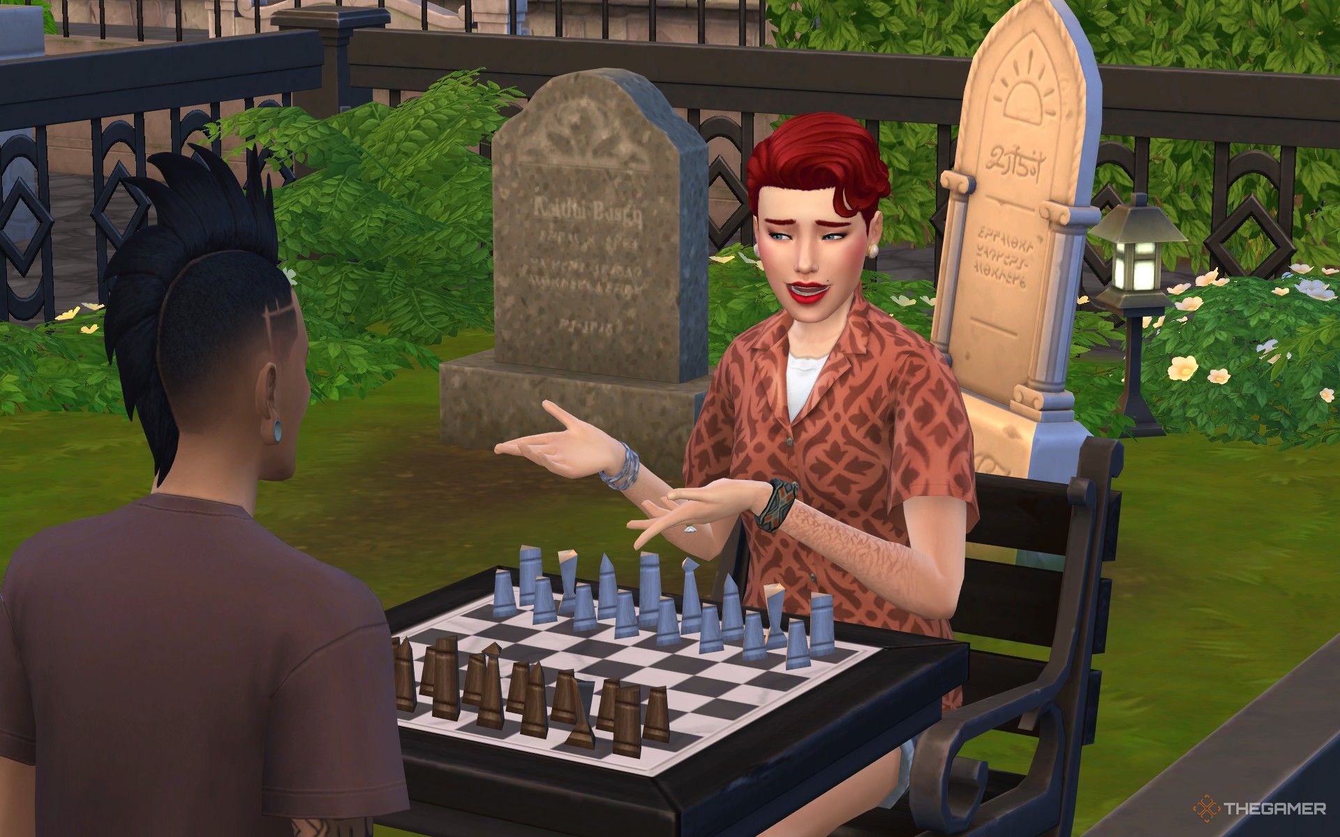 A Sim talking to Nyon Specter outside his house in The Sims 4 Life and Death.