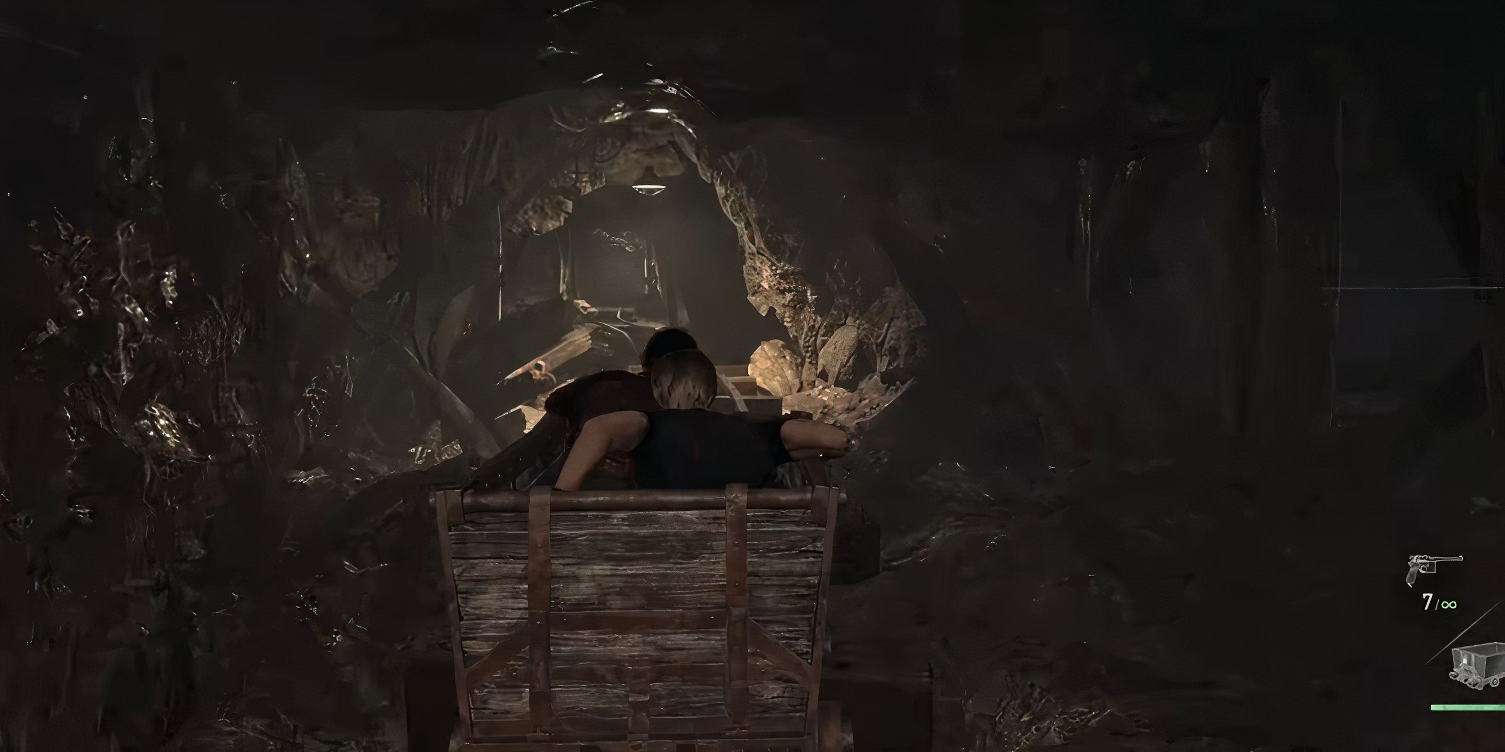 Leon and Luis ride a minecart together in Resident Evil 4.