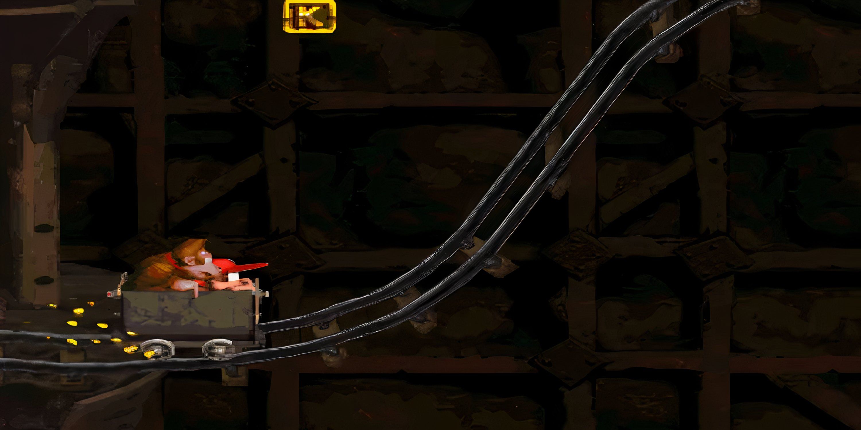 Donkey and Diddy Kong ride a minecart together in Donkey Kong Country.