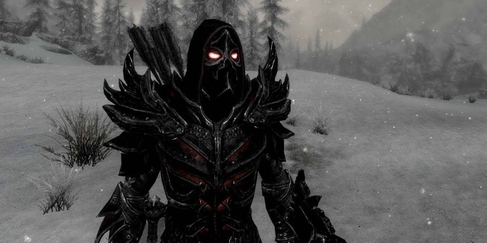 The dragonborn wearing black armor in Skyrim