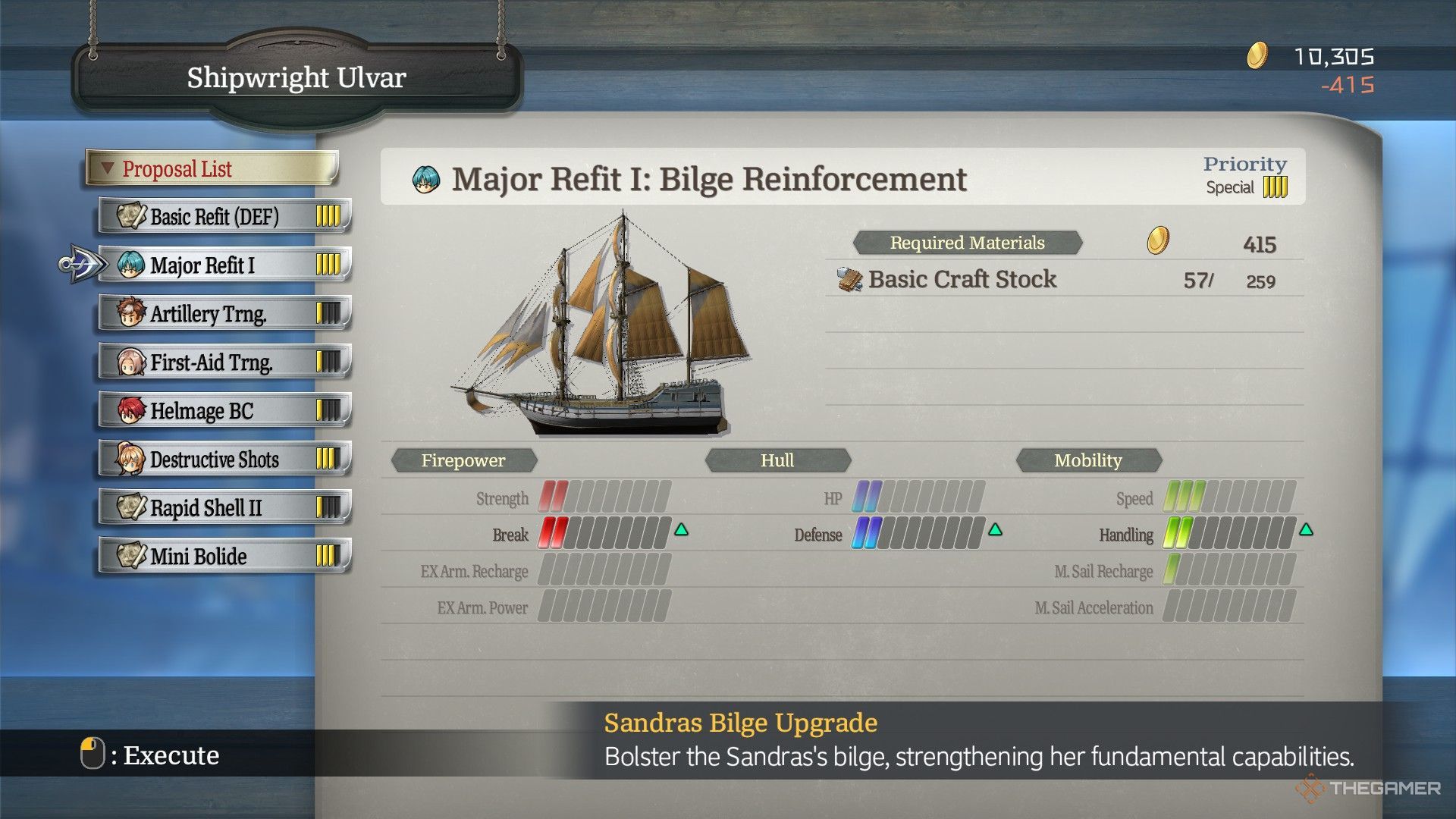 The image shows the Proposal Lists, as well as the required materials for the Major Refit I: Bilge Reinforcement upgrade in Ys X: Nordics.