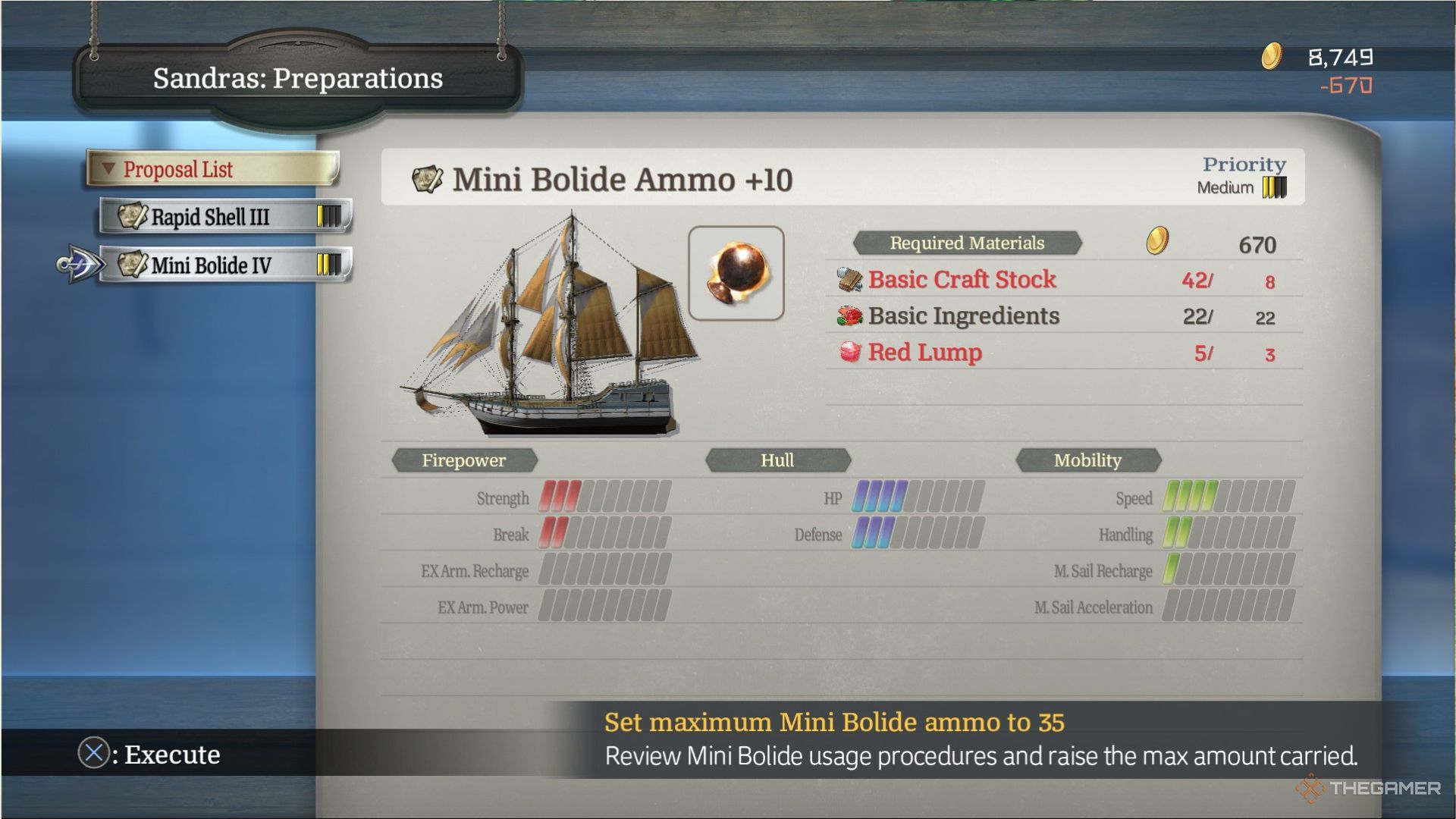 The image shows the Mini Bolide Ammo +10 upgrade requiring a huge amount of materials in Ys X: Nordics.