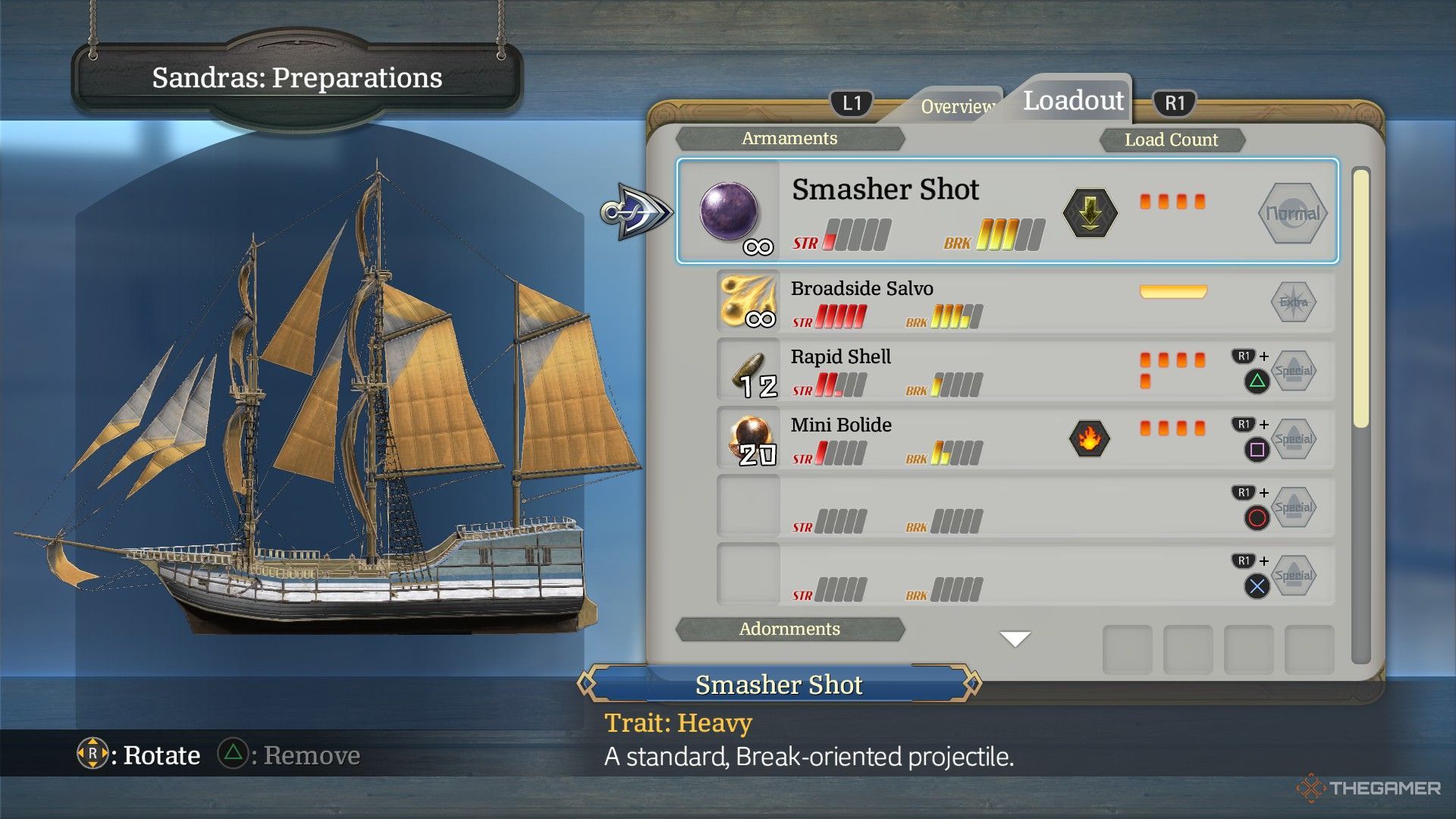 The image shows the upgraded Ship Loadout in Ys X: Nordics.