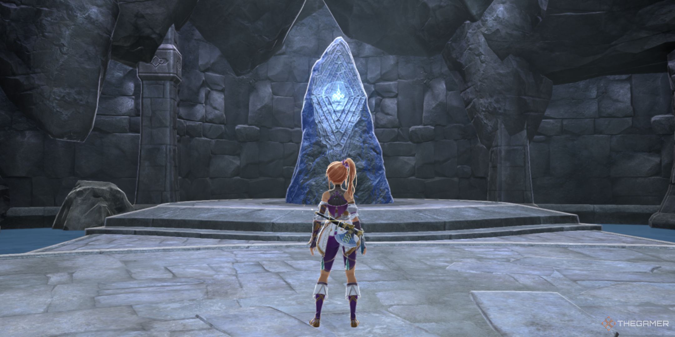 Ys X Nordics Karja standing in front of a runestone in Lecto Island.