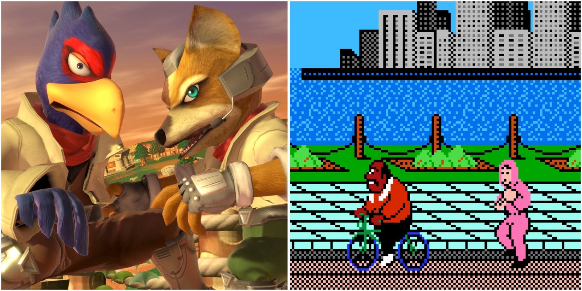 Falco and Fox in Super Smash Bros and Doc Louis training Little Mac in Punch-Out