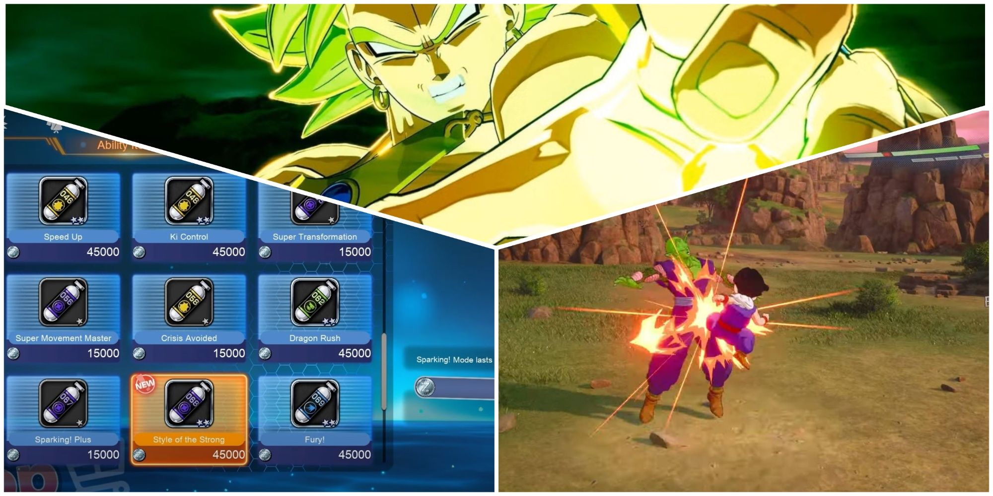 A collage image showing Broly, Piccolo and Gohan fighting, and the Ability Items menu from Sparking Zero