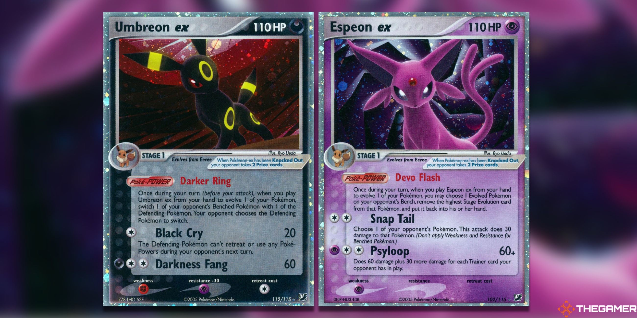 The Umbreon and Espeon ex from Unseen Forces in the Pokemon TCG.