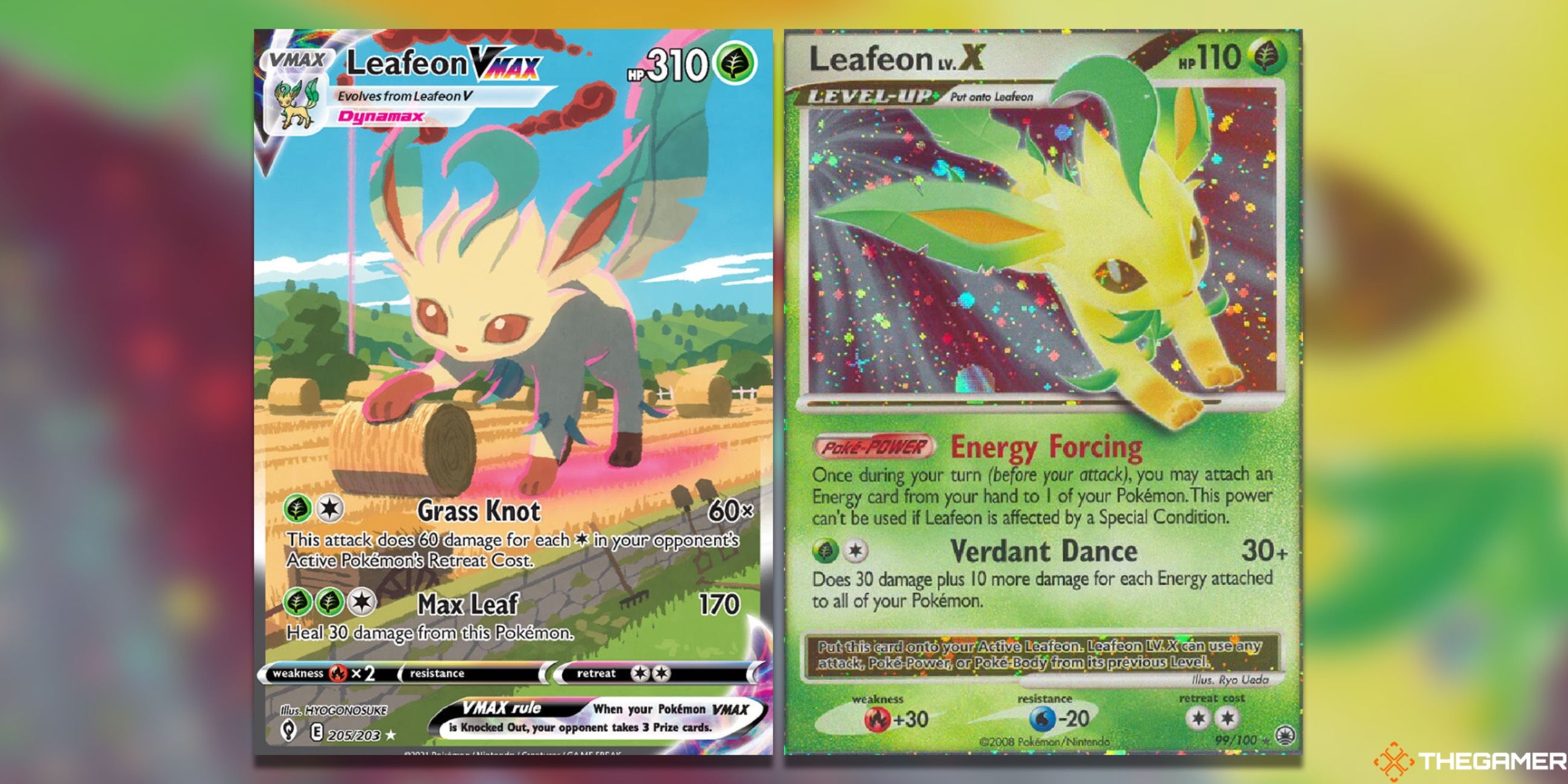 The Leafeon VMAX from Evolving Skies and Leafeon LV. X from Majestic Dawn.