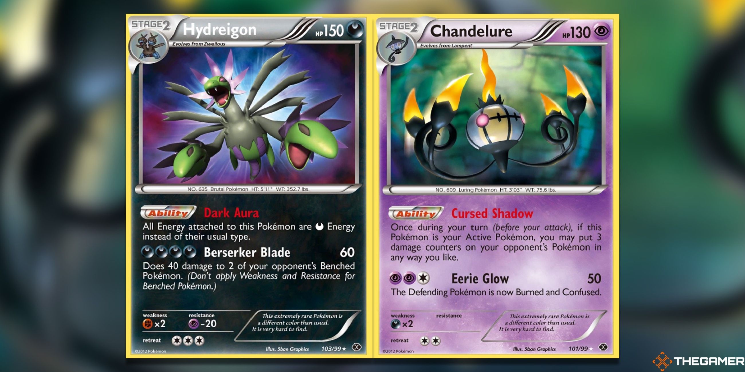 The Hydregion and Chandelure Secret Rares from Next Destinies in the Pokemon TCG.