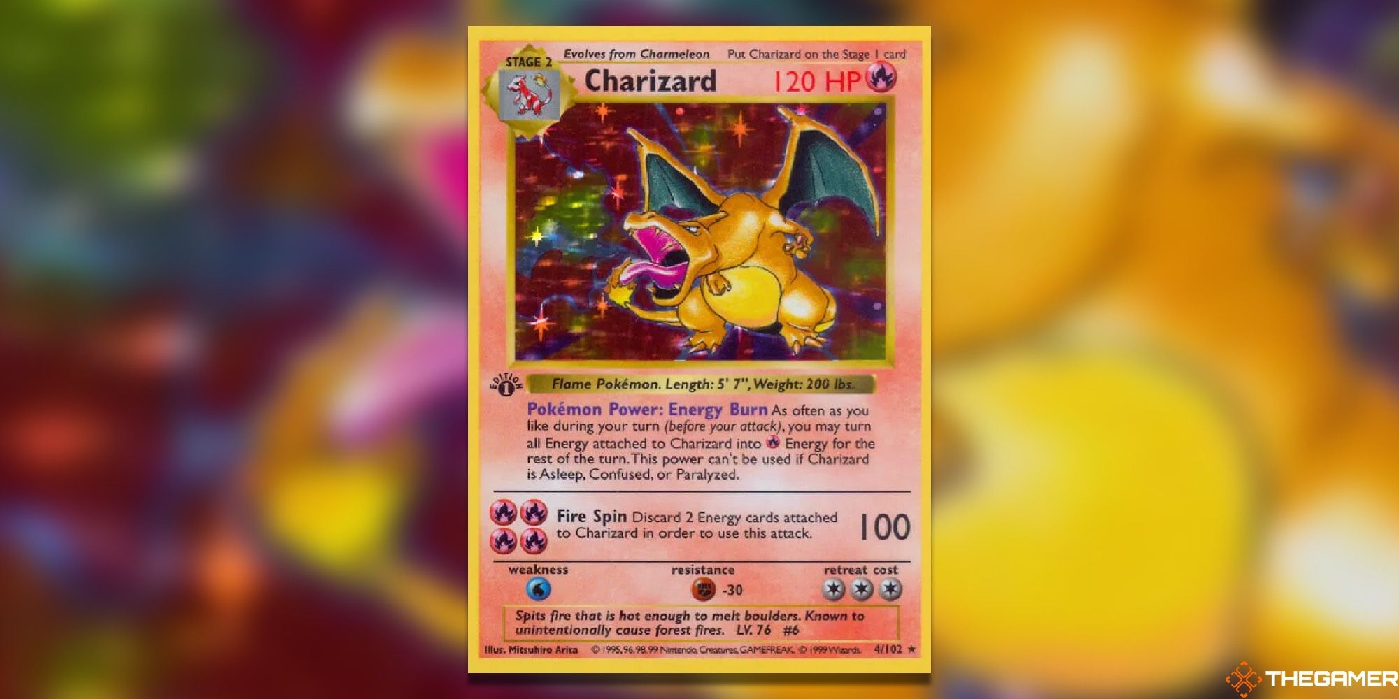 Charizard's card art from Base Set 1st Edition in the Pokemon TCG.