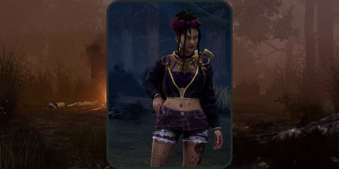 Élodie Rakoto wears a jacket, shorts, golden necklace, and tights in Dead by Daylight.