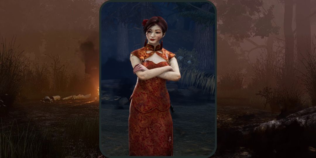 Feng Min from Dead by Daylight wears a red qipao embroidered with gold.