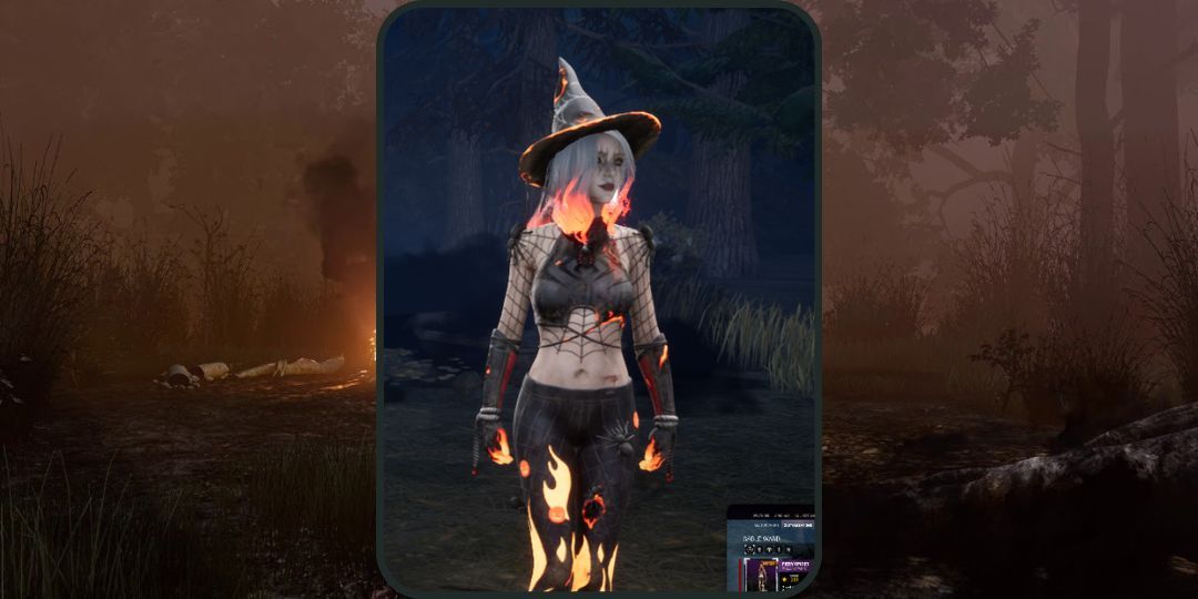 Sable Ward wears a Halloween outfit with a witch's hat, fiery hair, spider blouse, and fire pants.