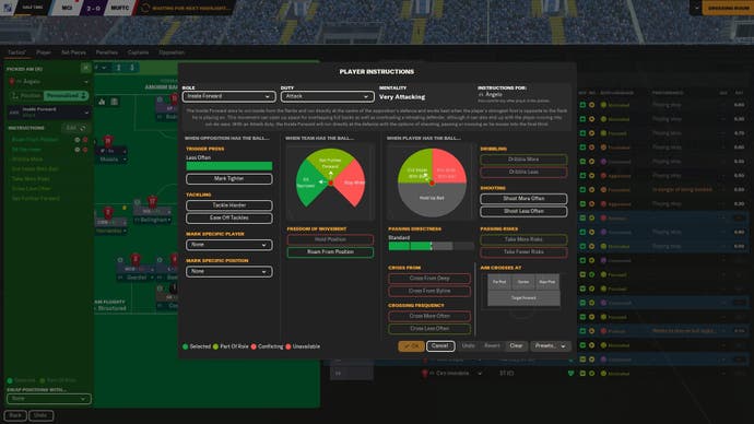 FM24 screenshot showing a tactical setup screen showing individual player instructions