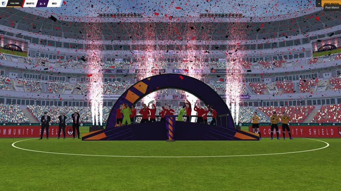 FM24 screenshot showing the post-match podium celebration after winning the Community Shield