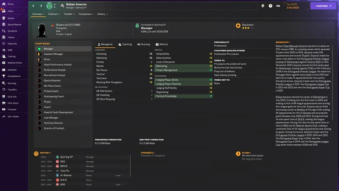 FM24 screenshot showing Ruben Amorim's in-game manager attributes