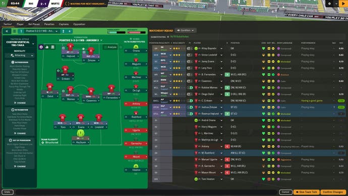 FM24 screenshot showing the in-match tactics screen with a lop-sided 3-4-1-2 formation