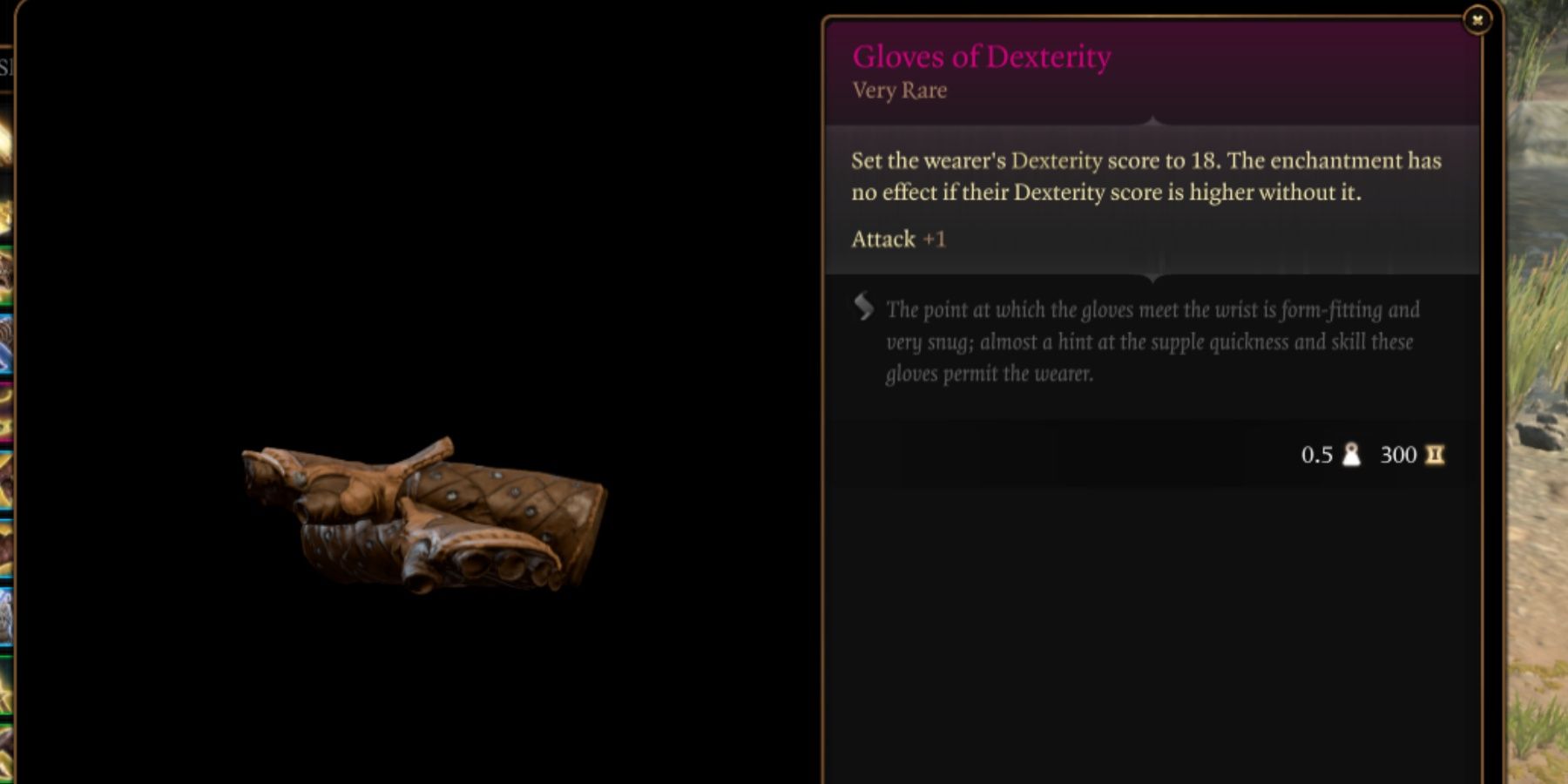 Gloves of Dexterity in-game item menu description in Baldur's Gate 3