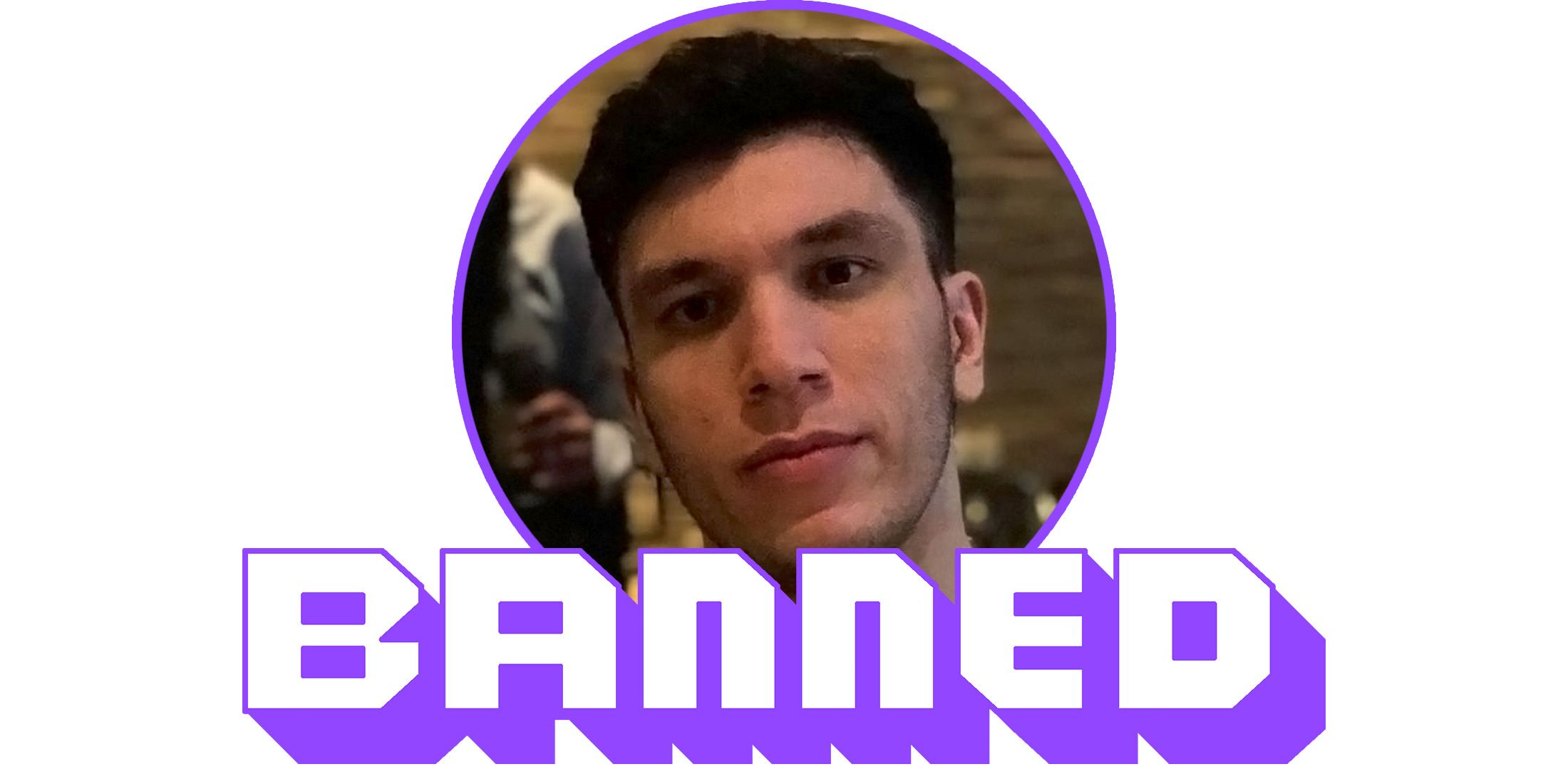 Trainwreckstv portrait above Twitch banned tagline white background 2x1 composite