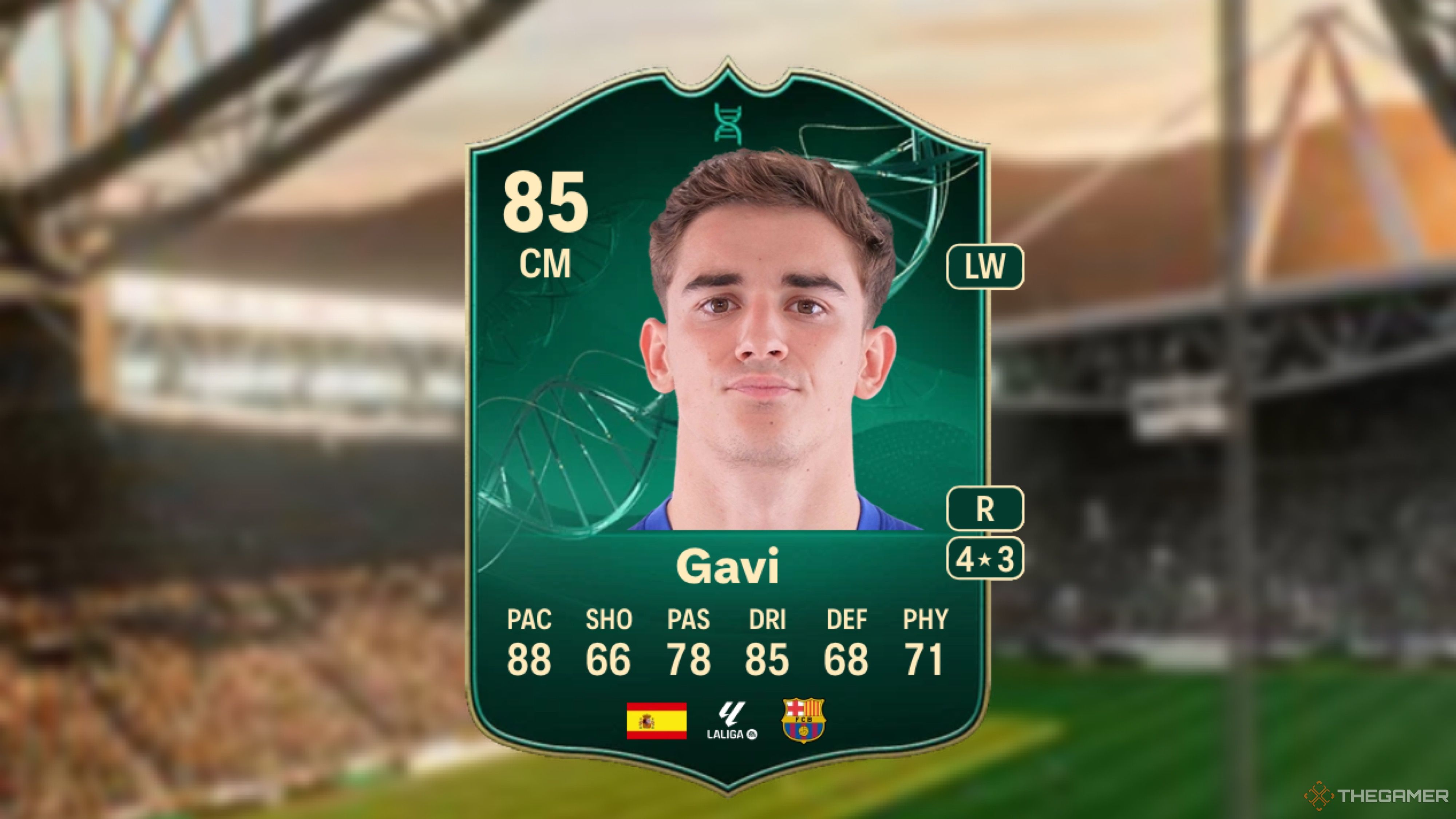 Image showing Gavi card against a faded stadium background.